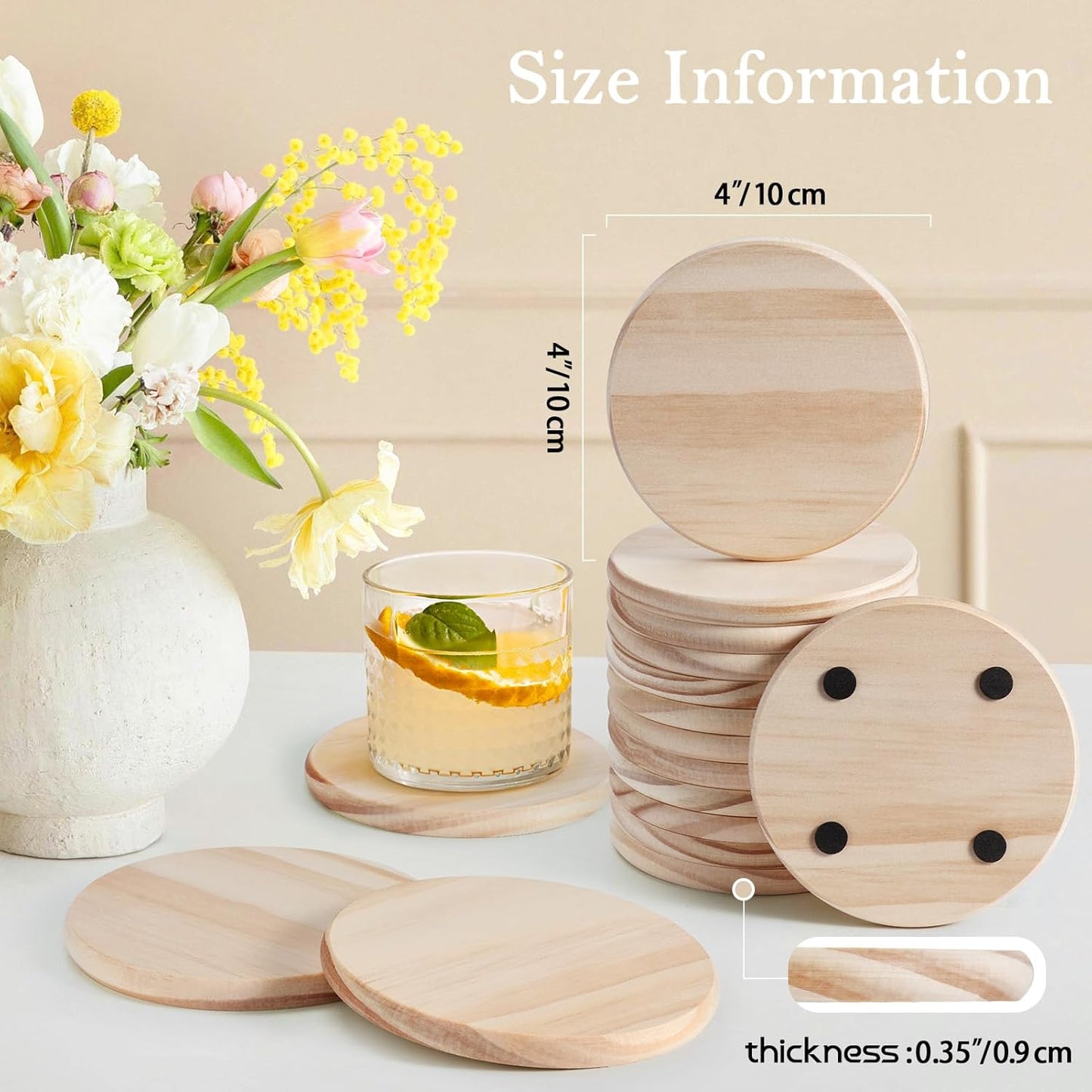 24 Pieces Unfinished Wood Coasters, GOH DODD 4 Inch Wooden Blanks with Non-Slip Pads for Laser Engraving Wood Burning Staining Painting Decoupage Housewarming Gifts Wedding Crafts Education, Round