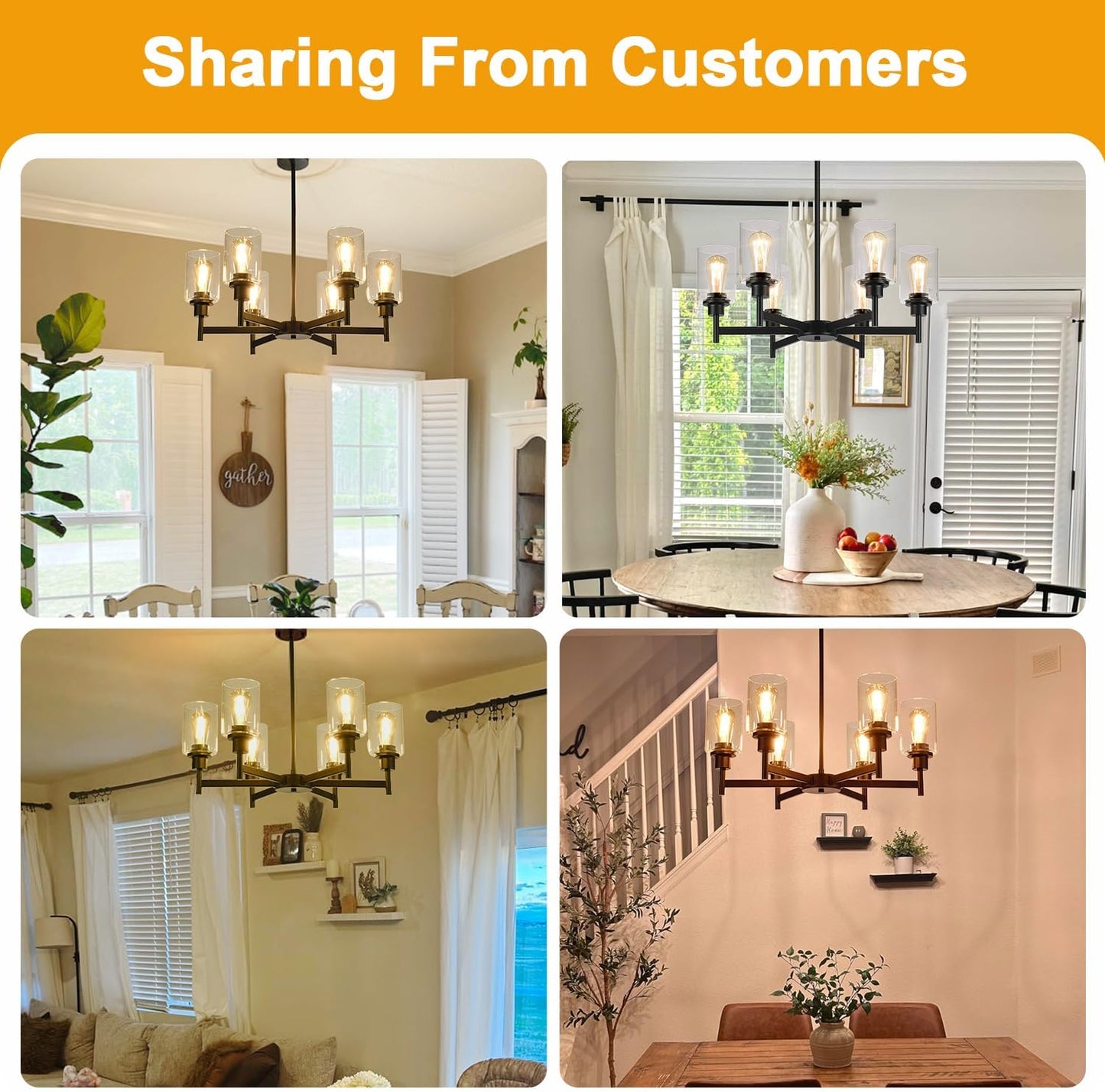 Black Chandeliers, 6 Light Dining Room Light Fixtures Over Table, Farmhouse Chandeliers for Dining Room with Clear Glass Shade for Kitchen Island Living Room Bedroom Bathroom, Height Adjustable