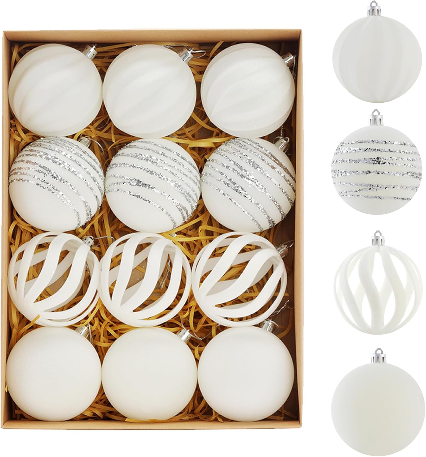 Christmas Ornaments Set of 12, 3.15" Flocked Velvet Balls with Hand Painted Designs, White Elegant Christmas Tree Decorations in Gift Box