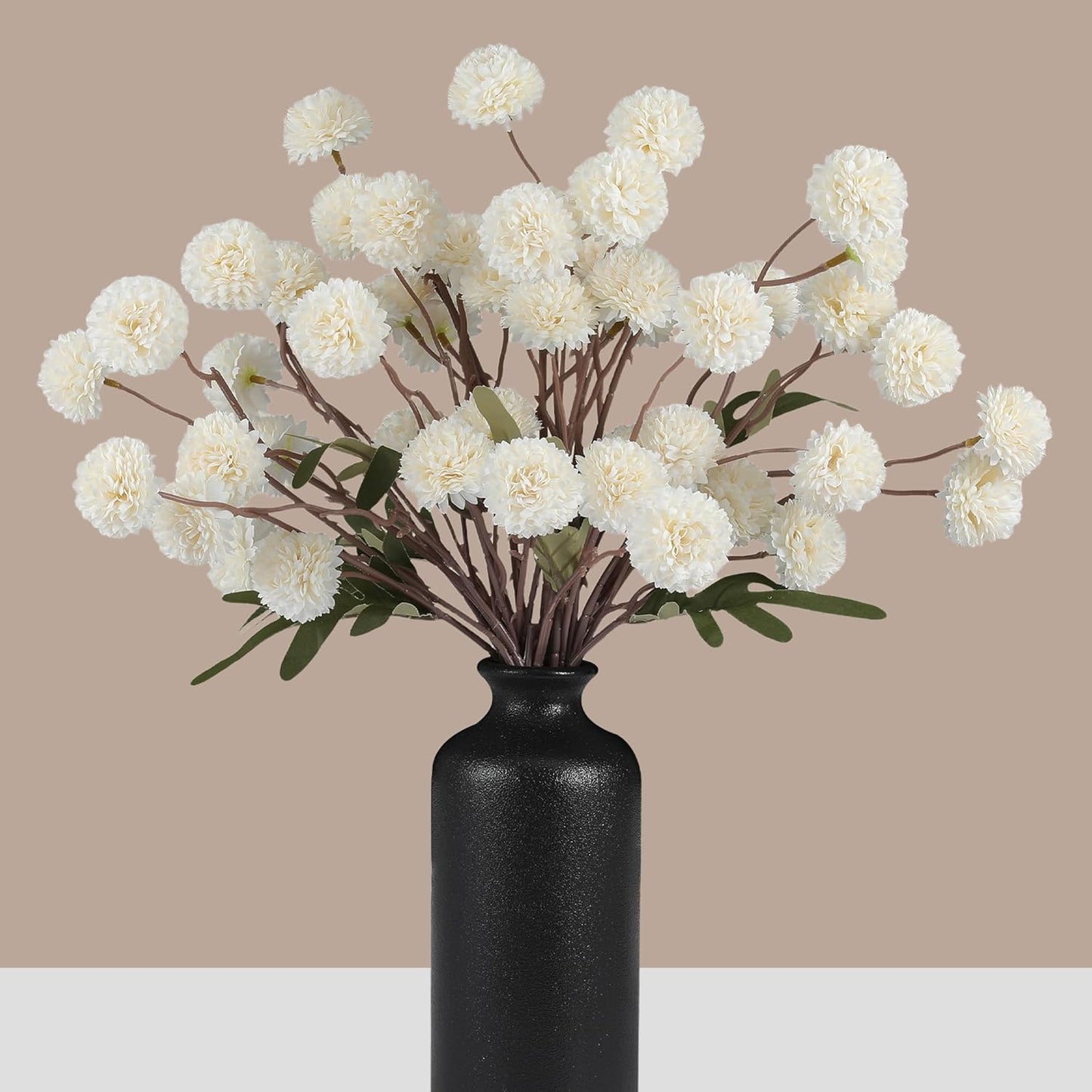 Faux White Kiku Flowers 10 Stems & 2 Eucalyptus, Fake Mums Pompon Flower Ball, Autumn Artificial Chrysanthemums Flowers for Boho Bedroom Decor, Silk Mini Faux Kiku Flower Wedding Arrangements Decor