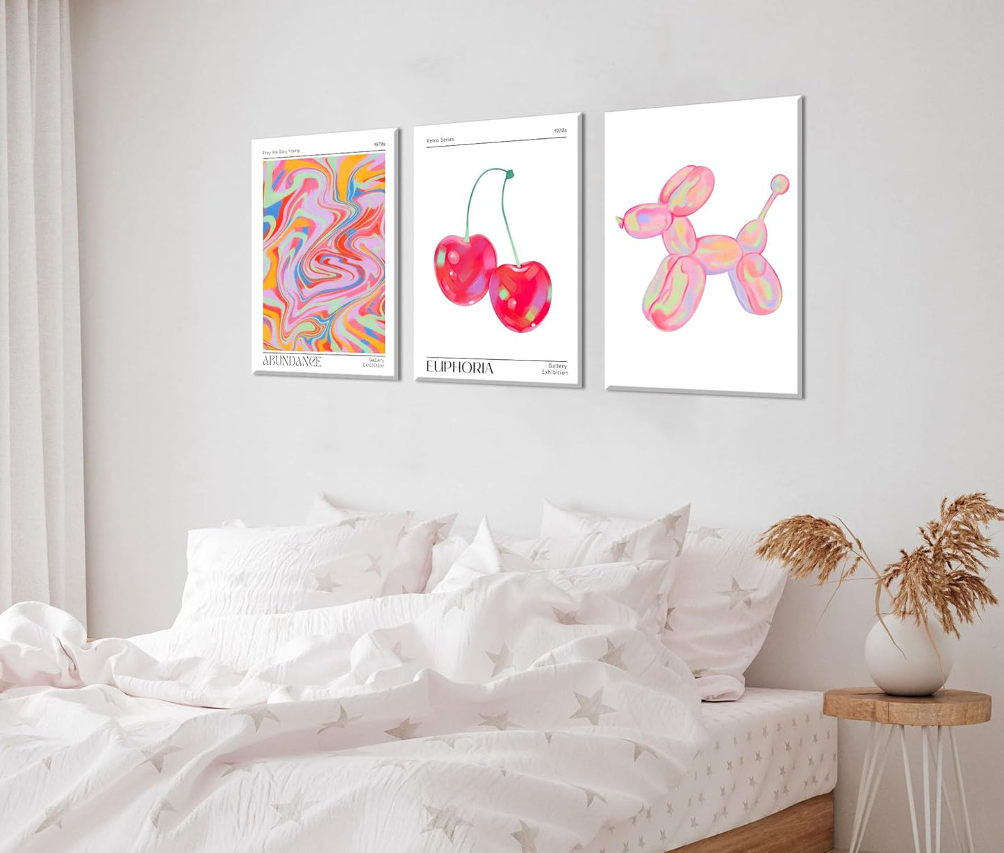 Framed Pink Preppy Wall Art Set of 3 Trendy Cute Balloon Dog Cherry Posters Abstract Aura Canvas Prints Modern Colorful Painting Retro Pop Art Decor Positive Picture for Living Room Bedroom 16x24in