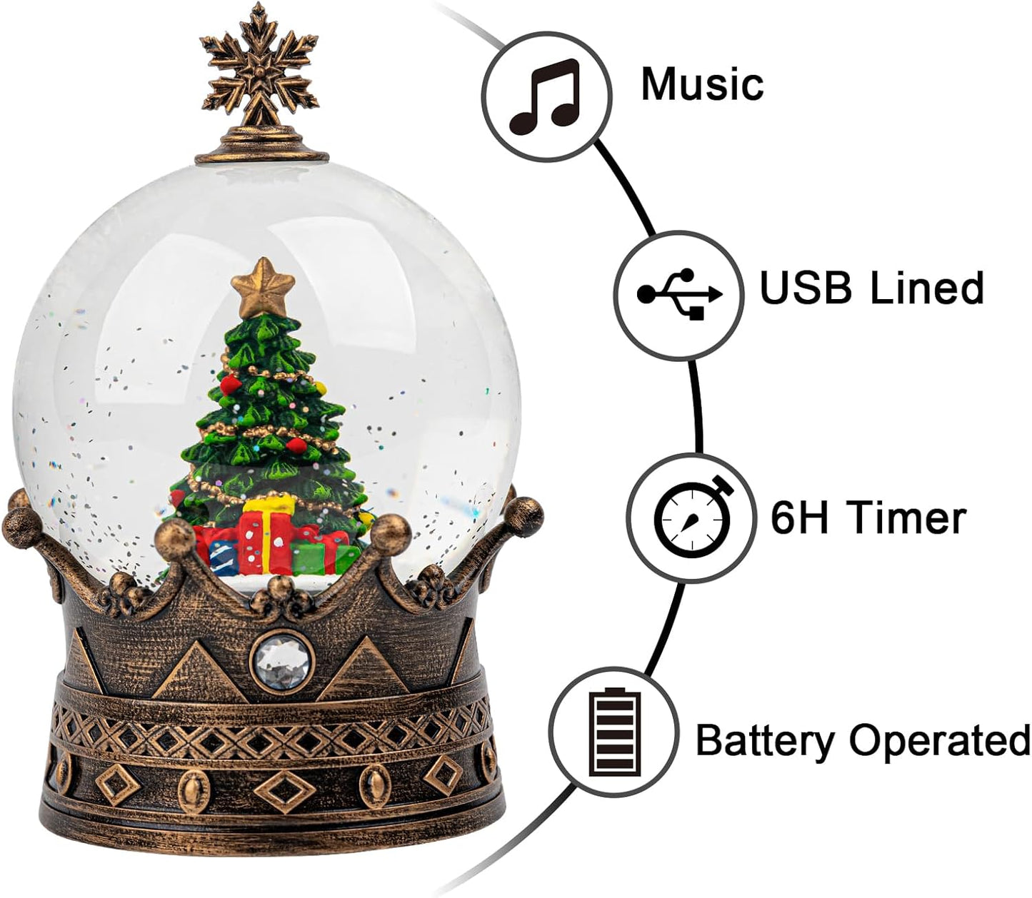Christmas Snow Globe Lantern Water Glittering Christmas Tree Crown with Music, USB Lined/Battery Operated Lighted Lantern for Christmas Festival Decoration Gifts