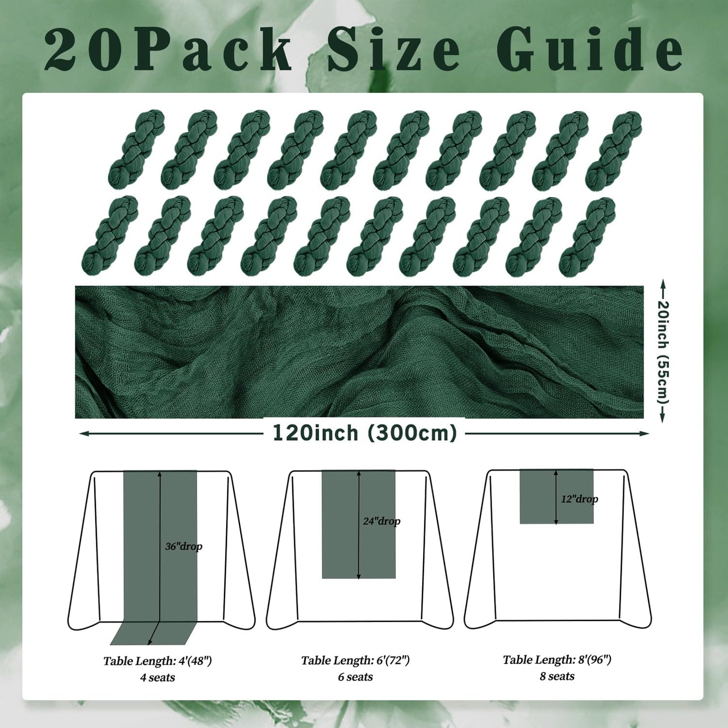 Emerald Green 20 Pack Cheesecloth Table Runner 10FT Boho Fabric Rustic Cheese Cloth Table Runner for Wedding 20 x 120 Inch Long Bridal Shower Baby Shower Gauze Sheer Birthday Party Table Decorations