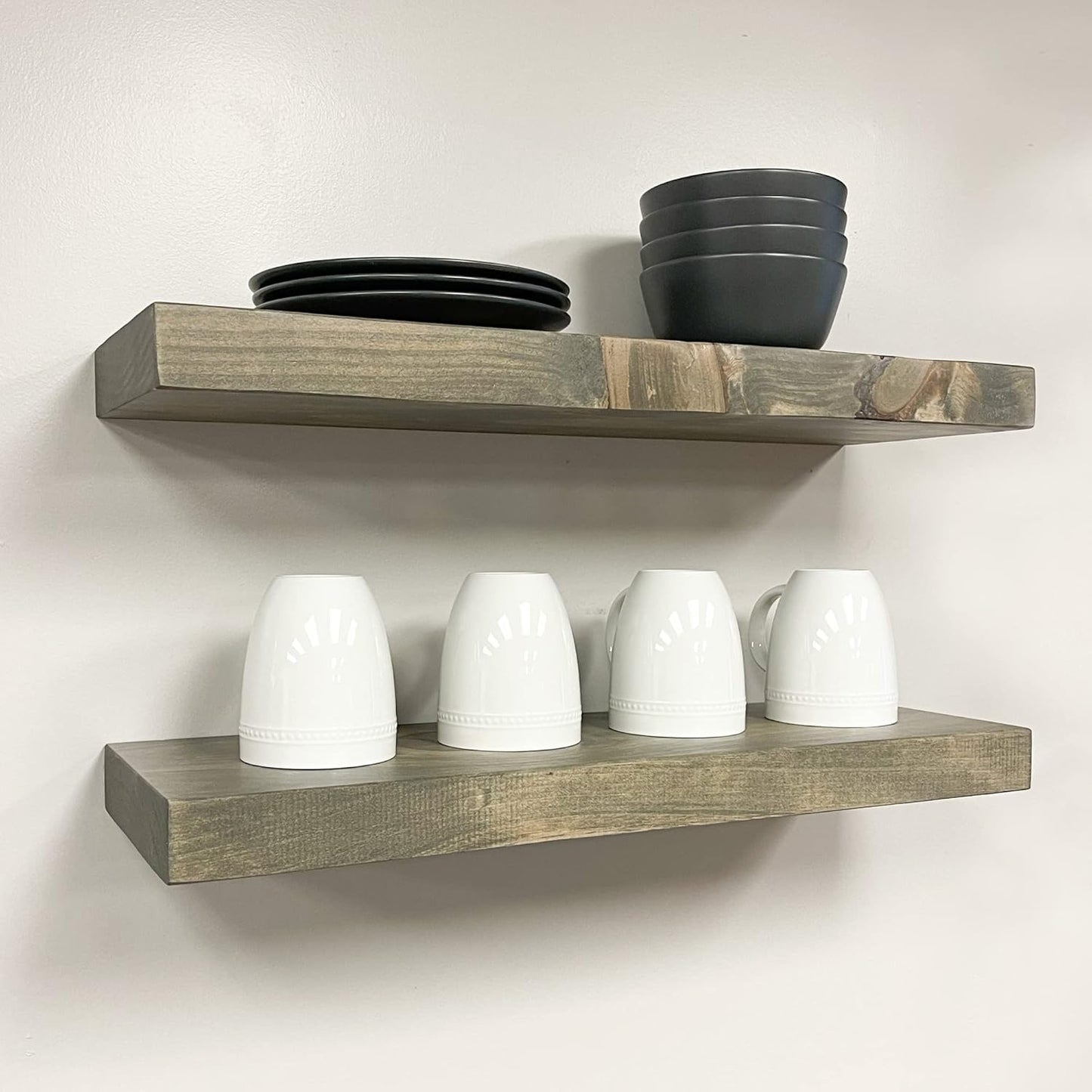 URBANDI, Rustic Floating Shelves, Set of 2, Hidden Bracket, Solid Wood, Heavy Duty, Wall Mounted Shelves, (Grey, 24Wx12D)