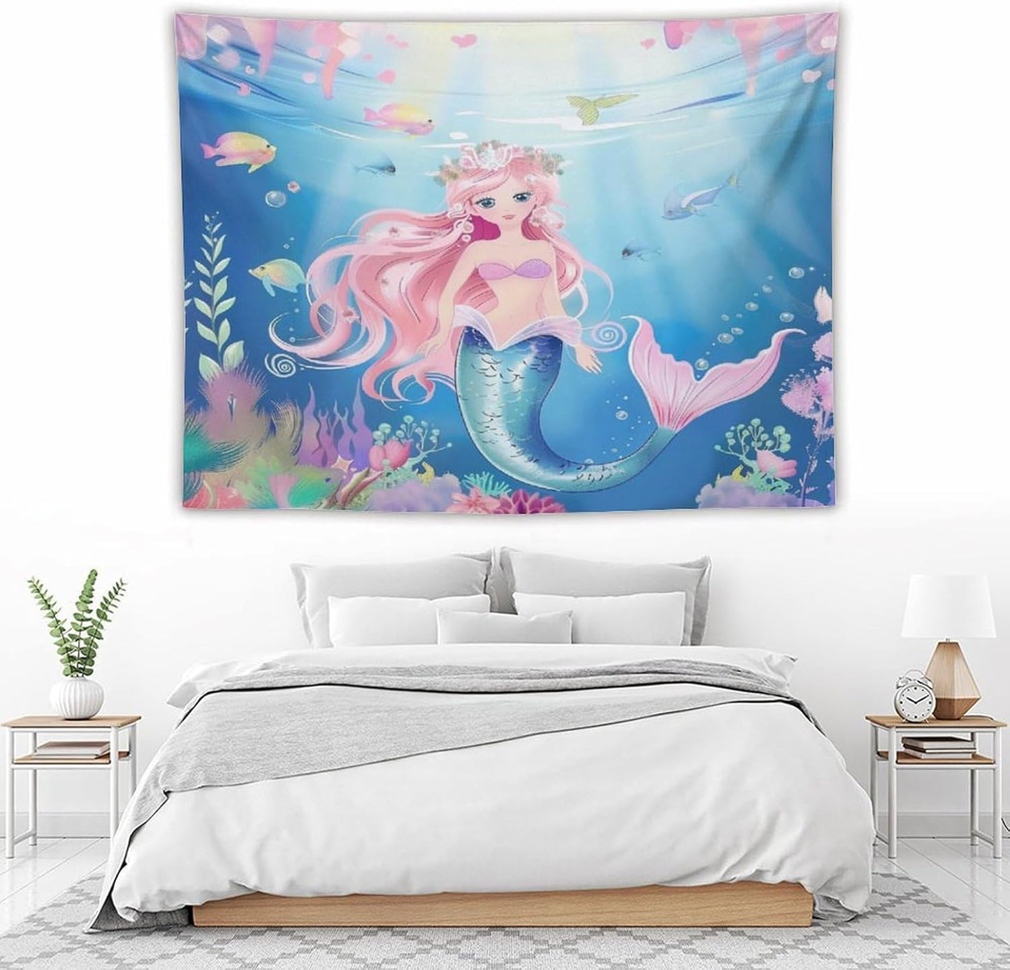 HZOHNAGO Mermaid Girls Tapestry Watercolor Mermaid Princess Pattern Printed Wall Tapestry Wall Hanging for Bedroom Living Room Dorm 80" W x 60" H