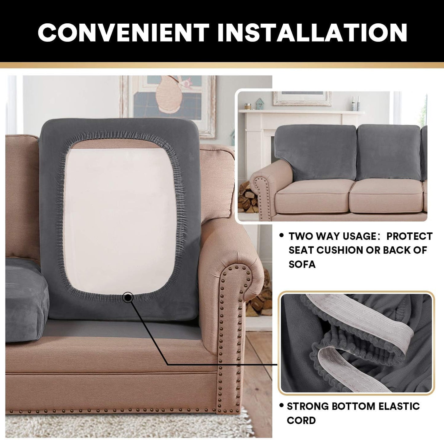 PrinceDeco Velvet Couch Cushion Cover Soft Stretch Cushion Slipcover for Chair Loveseat Sofa Cushion Furniture Protector Seat Cushion Sofa Cover (2 Piece Large Sofa Cushion Covers, Grey)