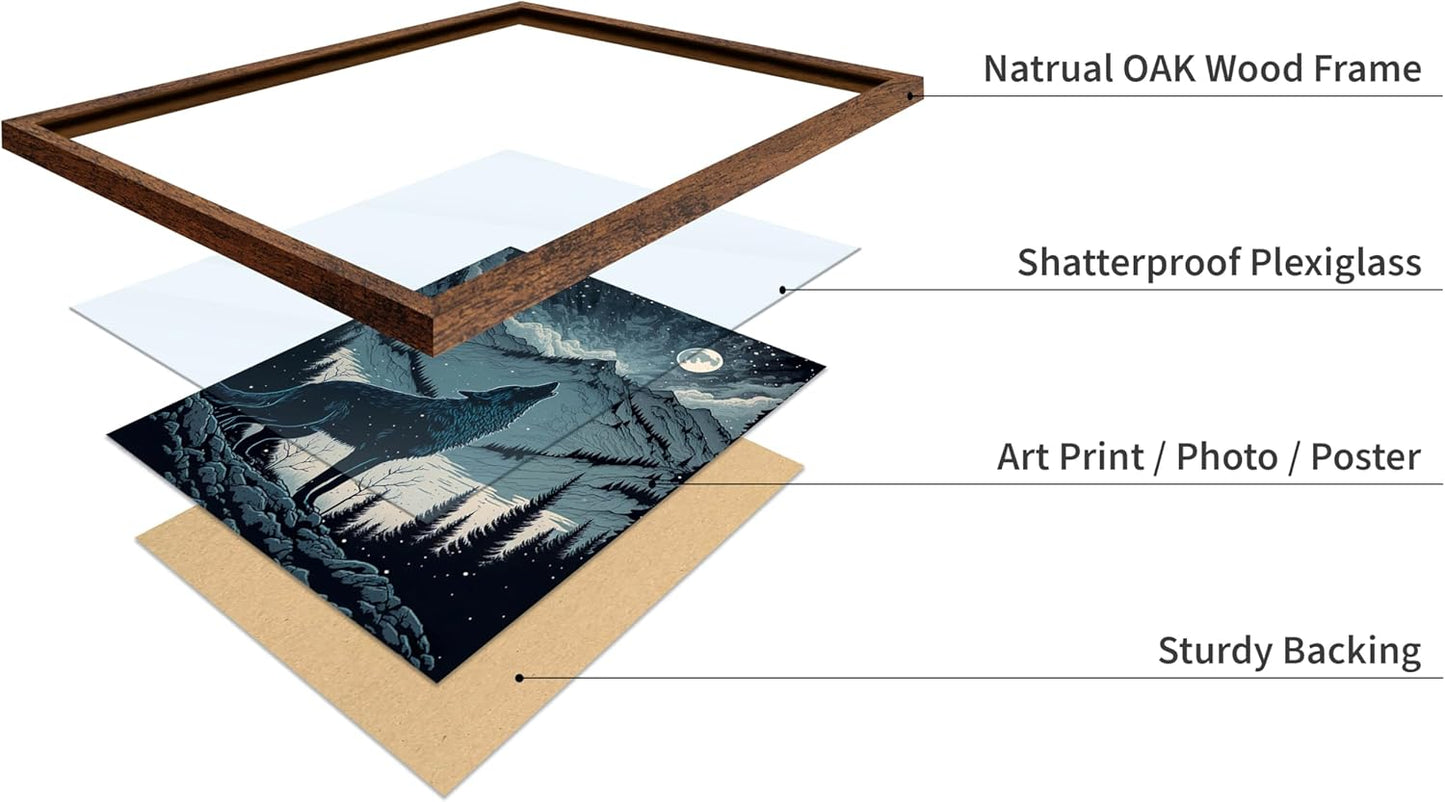 Poster Master Vintage Illustration Poster - Retro Animal Print - Gift for Artist, Friend - Wolf Howling at the Moon, Mountain, Snow, Landscape - Wall Decor for Home, Office, 16x20 Brown Framed