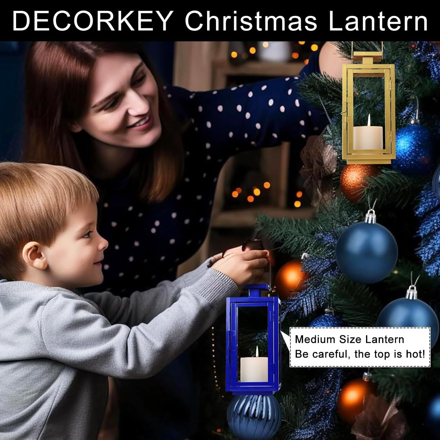 DECORKEY Lantern Decorative Outdoor&Indoor, 17''&13'' Set of 2 Blue Metal Candle Lanterns Decor, Modern Hanging/Tabletop Candle Holders for Home Porch Patio Wedding Christmas Fall Decorations