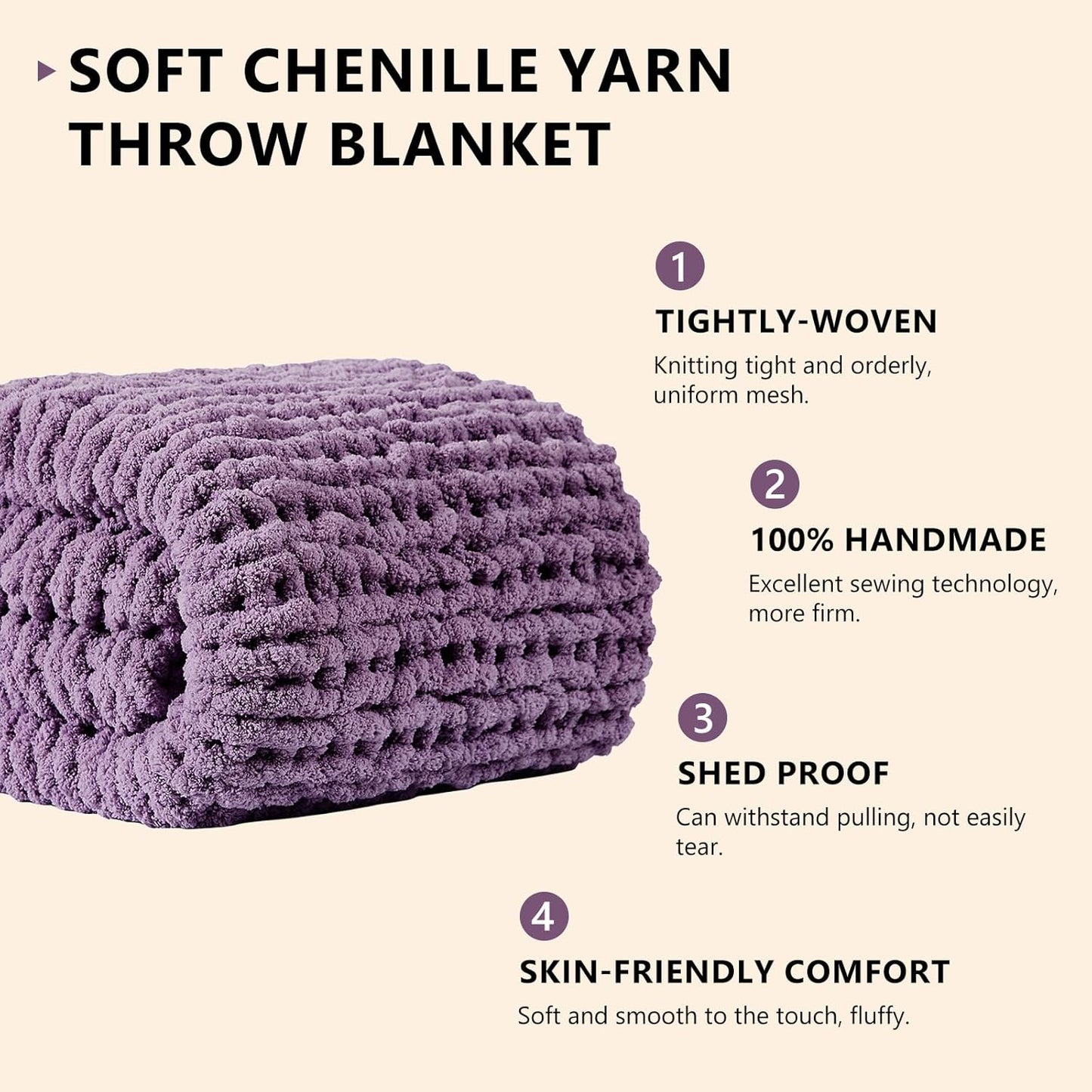 L'AGRATY Chunky Knit Blanket Throw: 50''x60'' Chenille Chunky Knitted Throw Blanket for Bed Couch - Handmade Thick Big Cable Knit Blanket - Large Crochet Rope Blanket for Home Decor(Deep Purple)