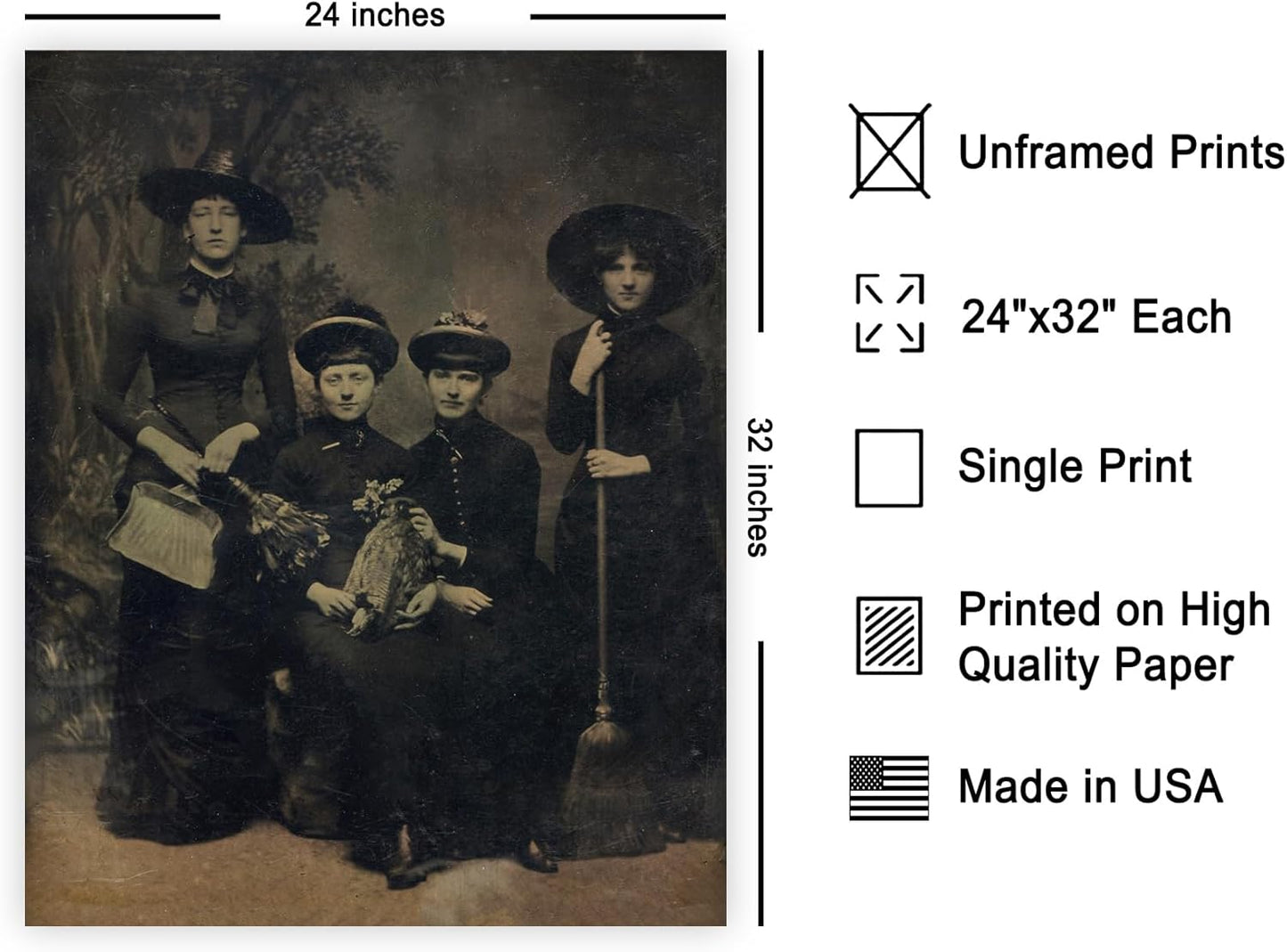 Poster Master Vintage Photograph Poster - Retro Halloween Print - Gift for Artist, Friend - Four Witches Wearing Robes, Sabbath, Coven, Sorcery - Wall Decor for Home, Office, 24x32 Unframed Wall Art
