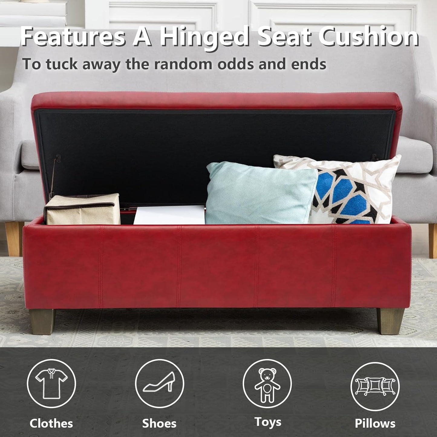 Faux Leather Ottoman with Storage, Rectangular Extra Long Storage Bench for Bedroom and Living Room, Midnight Red