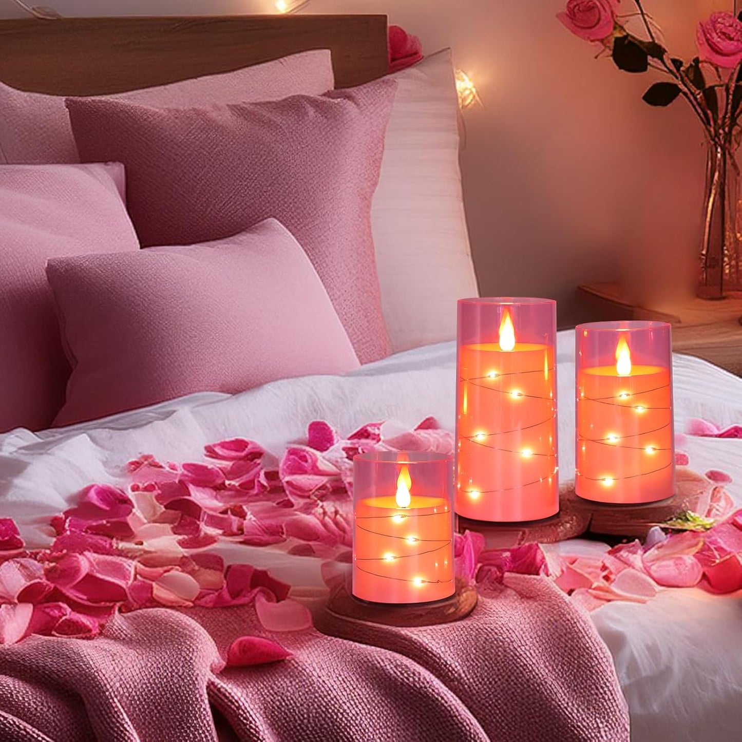Aignis Flickering Flameless Candles Battery Operated Candles LED Candles with Remote Timer for Home/Wedding/Birthday/Holiday Decor, Cherry Blossom Pink 3D Flame Set of 3 (D3 xH4 5" 6")