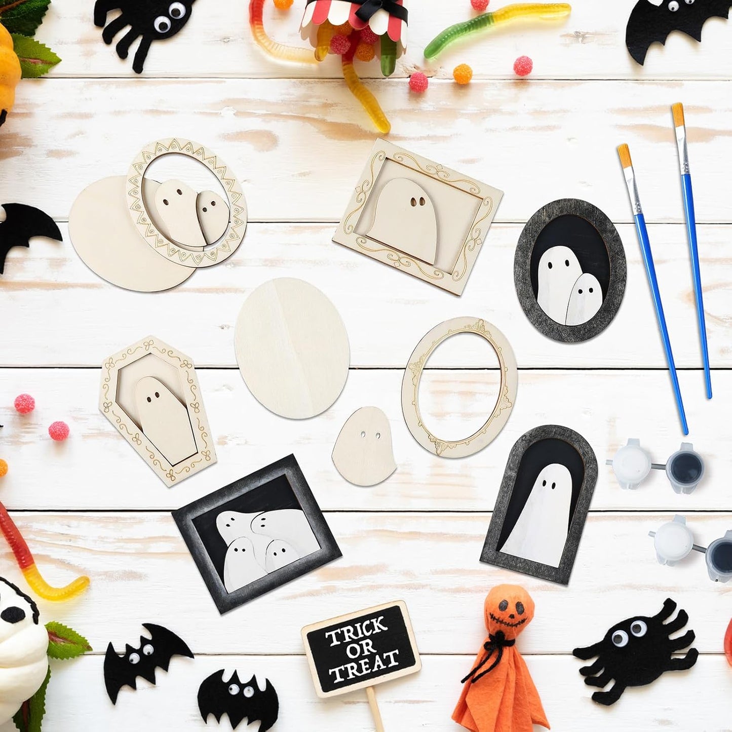Simgoing 12 Set Wood Ghost DIY Frames Decorating Craft with Paint and Brush Unfinished Wooden Gift Ornaments Cute Ghost for Halloween Craft Art Party Supplies, Not Include Glue (Ordinary Style)