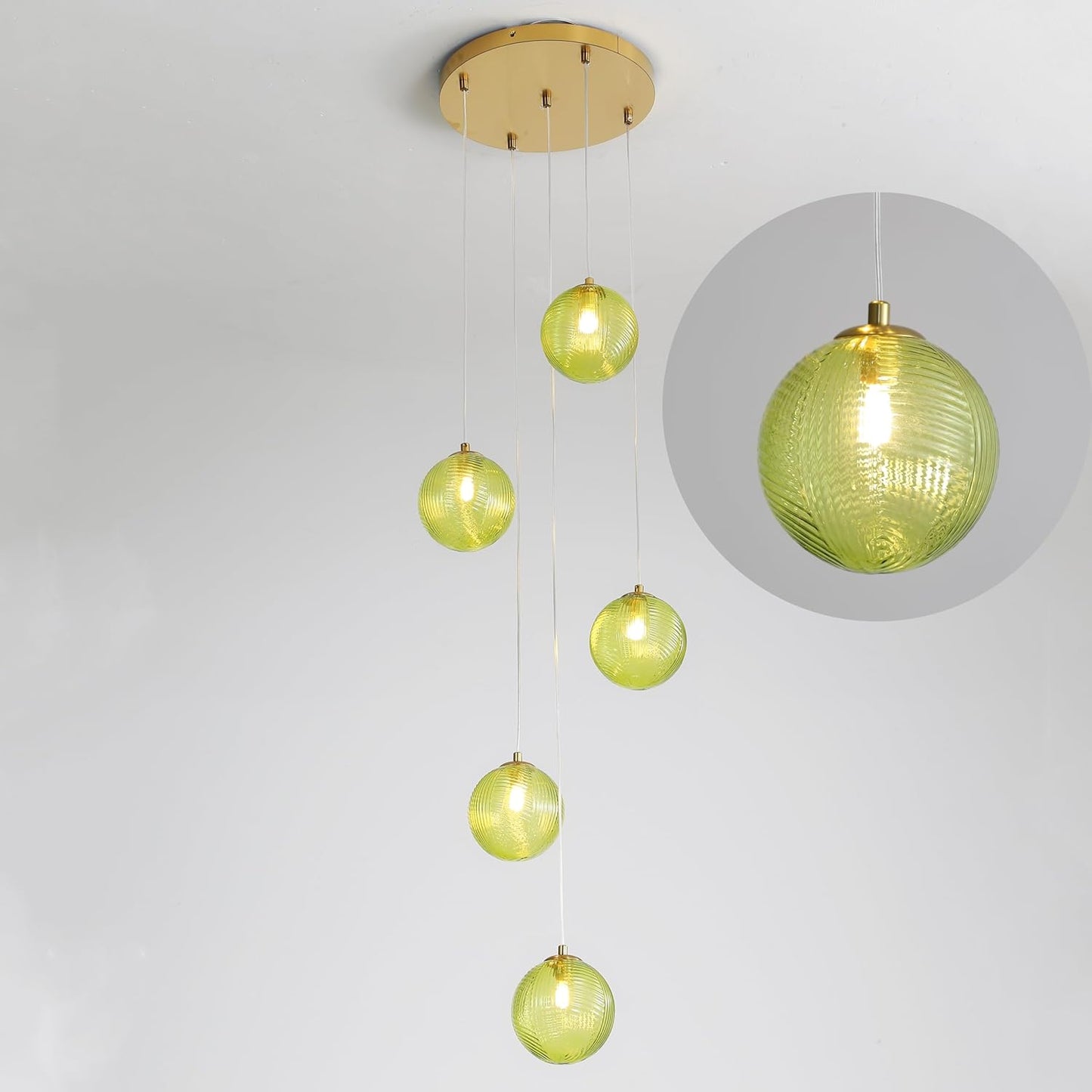 5-Light Chandelier, Globe Green Glass Flush Mount Pendant Light,15W Ceiling Hanging Light for Staircase Foyer Entryway Living Room Hotel Kitchen Island（3000K,G9 Bulbs Include）
