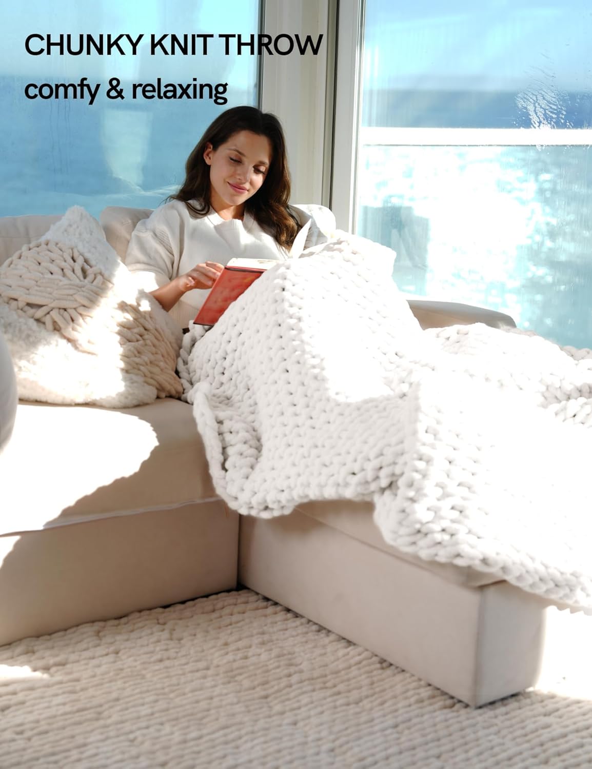 YnM Chunky Throw Blanket, Hand Knitted with Chenille Yarn, Skin Friendly, Ventilated and Breathable, Machine Washable, Home Décor Piece for Couch, Sofa and Bed (White, 30x40 Inch)