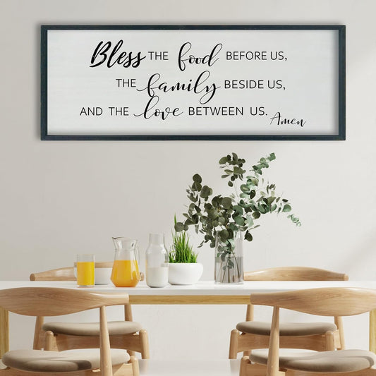 SRSZHIYUE Bless the Food Before Us Wall Sign Decor 40"×15" Christian Bible Verse for Farmhouse Rustic Kitchen Dining Room Framed Wood Scripture Religious Jesus Prayer Wall Art (Black)