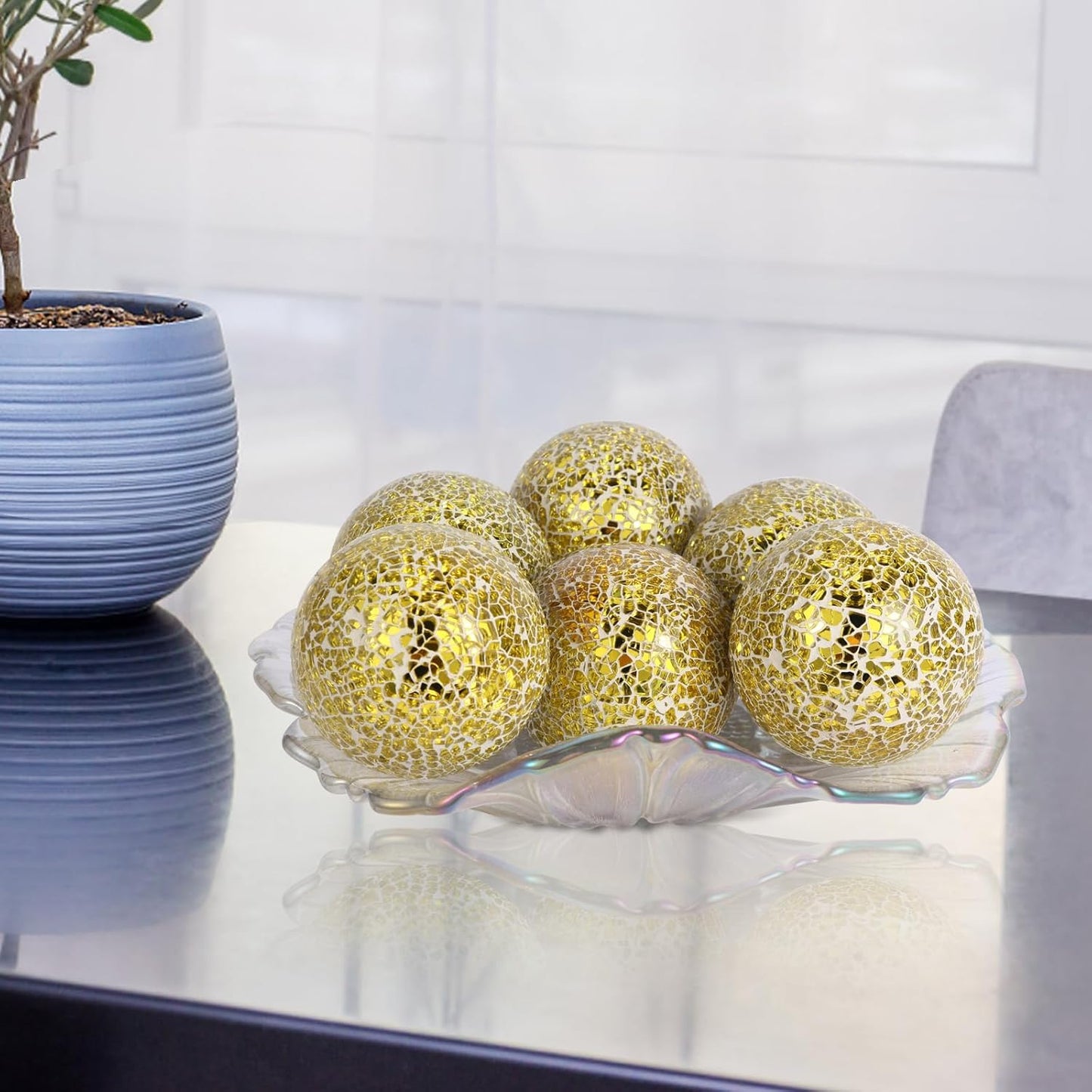 6Pcs Decorative Ball Set, 6cm/2.4inch Mosaic Glass Orbs Centerpiece Balls for Decorate Tables, Wedding Party (Golden)