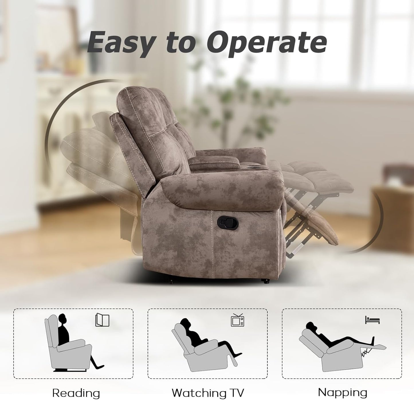 EBELLO Manual Recliner Loveseat Sofa, 2 Seater Reclining Couch Chair with Center Console, Hidden Storage and Cup Holders, Vintage Rivet Mid-Century Design for Living Room, Meeting Room, Brown