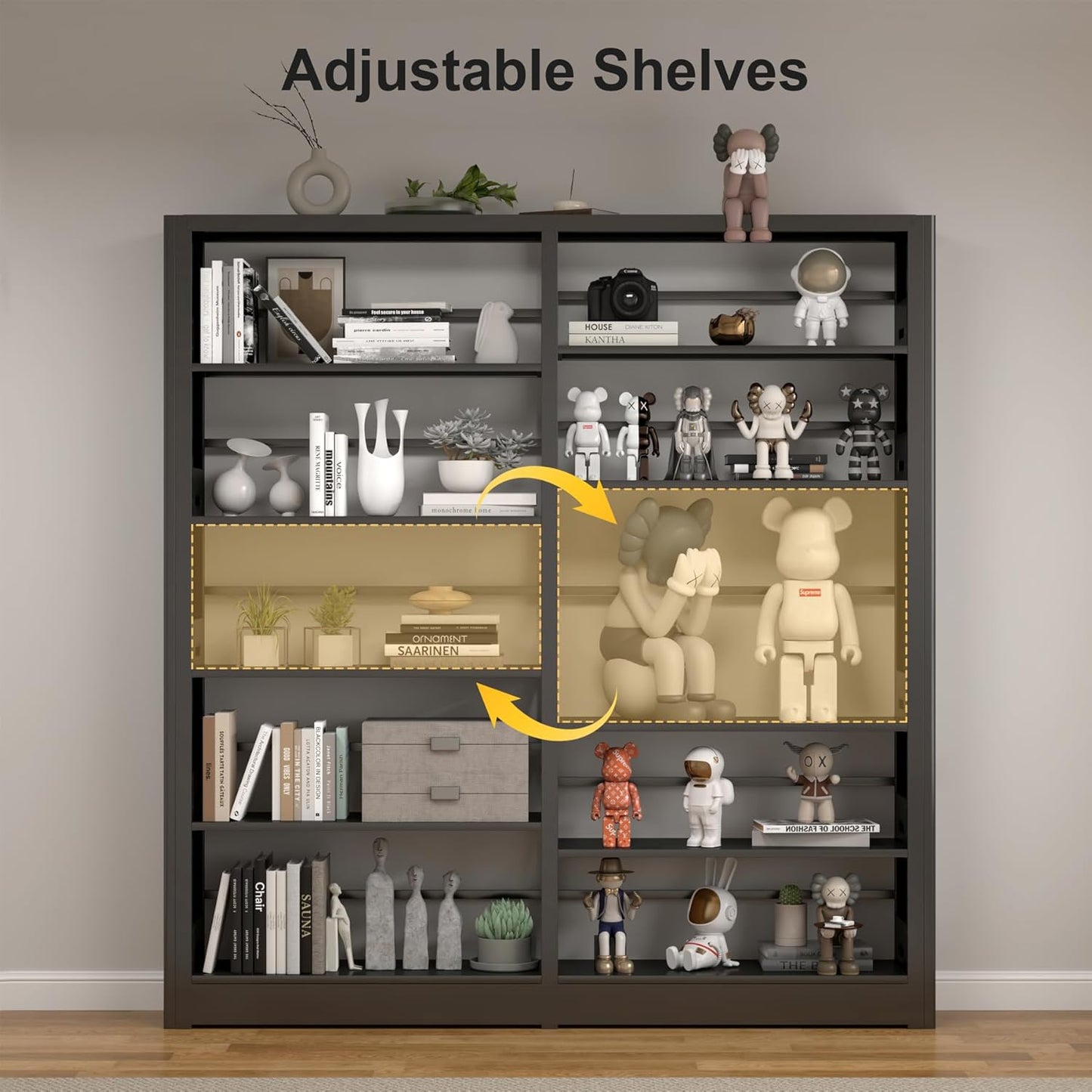 5-Tier Industrial Bookshelf, Black Bookcases and Bookshelves,Tall Metal Book Shelf Storage Organizer, Freestanding Bookshelf for Living Room,Home Office (Black, Shelf-3)