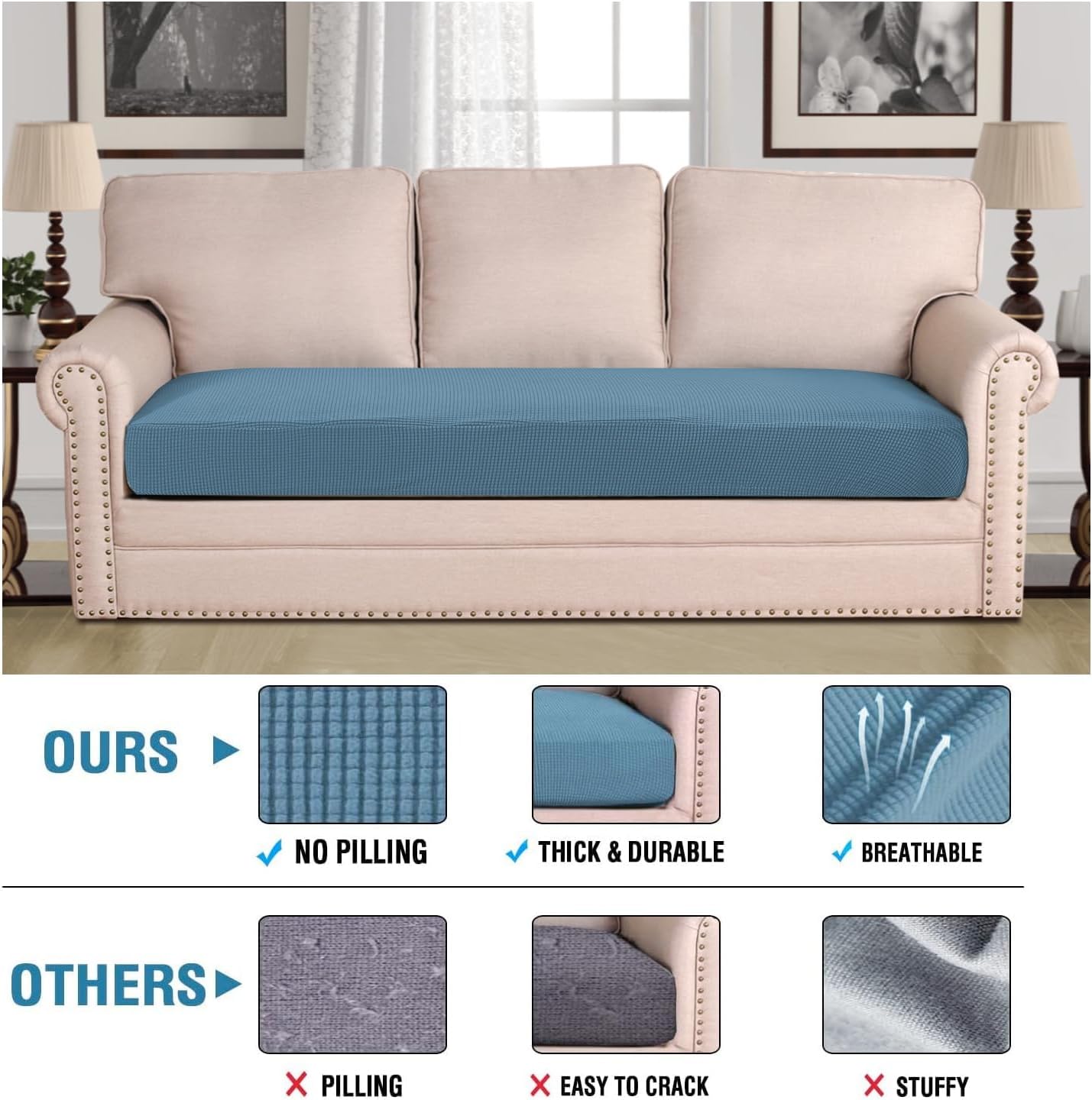 H.VERSAILTEX Super Stretch Individual Seat Cushion Covers Sofa Covers Couch Cushion Covers Slipcover Sets Thick Jacquard Textured Twill Fabric (1 Piece Sofa Cushion Cover, Dusty Blue)