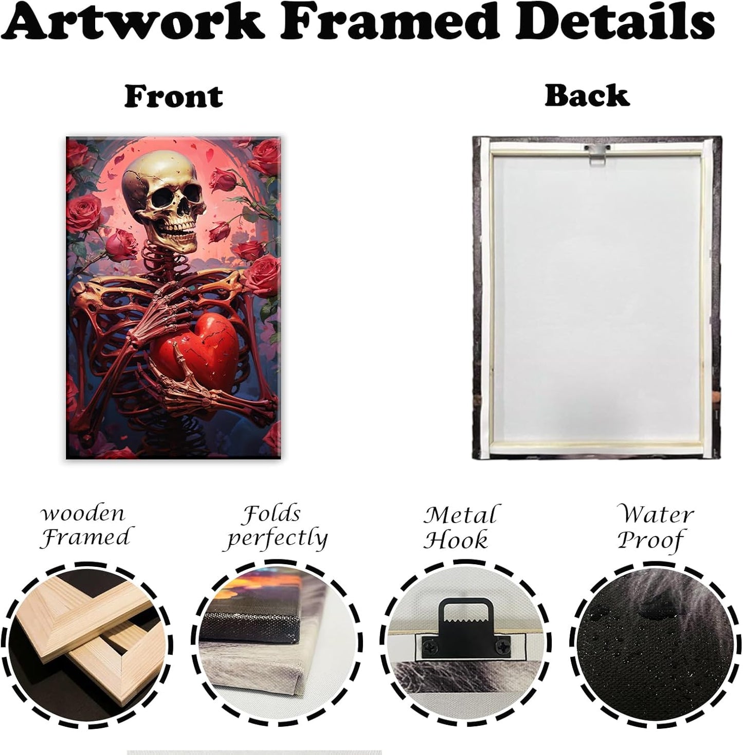 OAAPITI Skull Skeleton Canvas Wall Art Skull Holding Heart Picture Print Romantic Theme Painting Artwork Gothic Poster Wall Decor Living Room Halloween Decor(Artwork-1,12"x18")