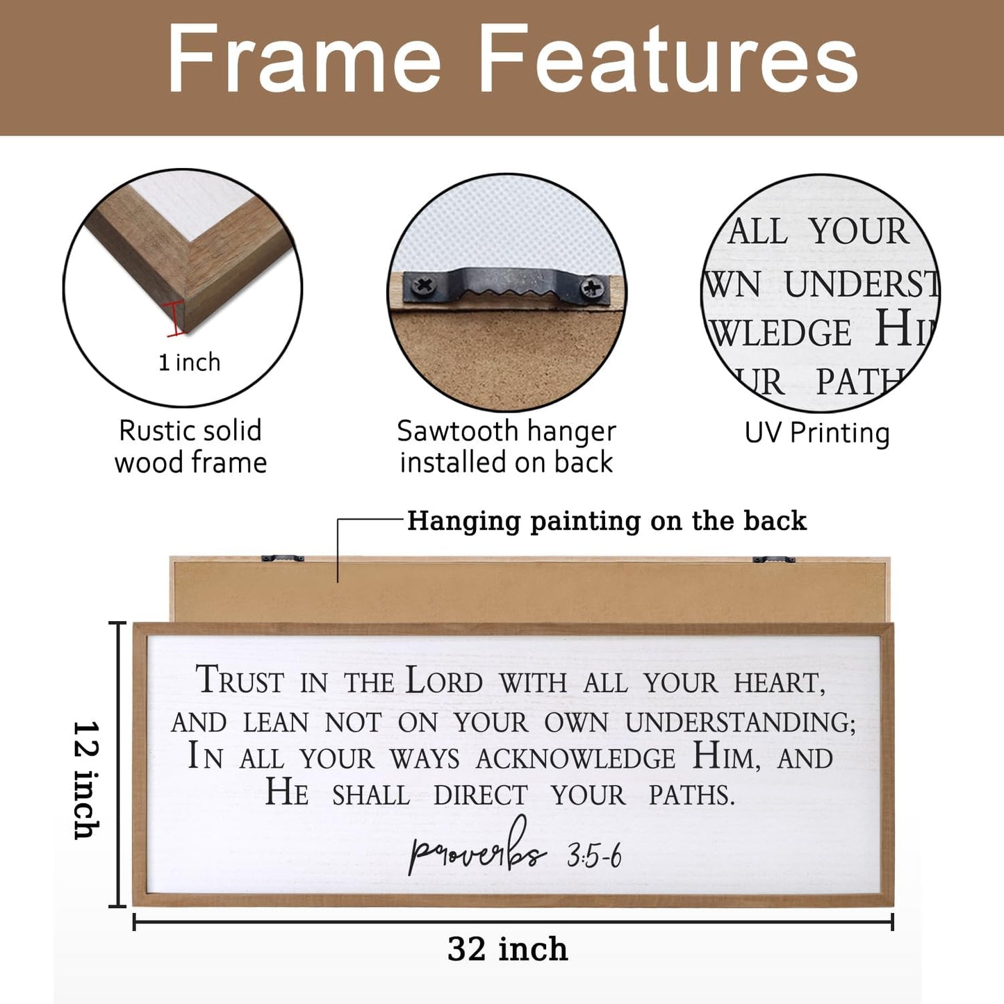 Trust in the Lord With All Thine Heart Wall Decor Art Bible Verse Sign Proverbs 3:5-6 Framed Wood 32X12 Inch For Scripture Christian Hanging (Wood)