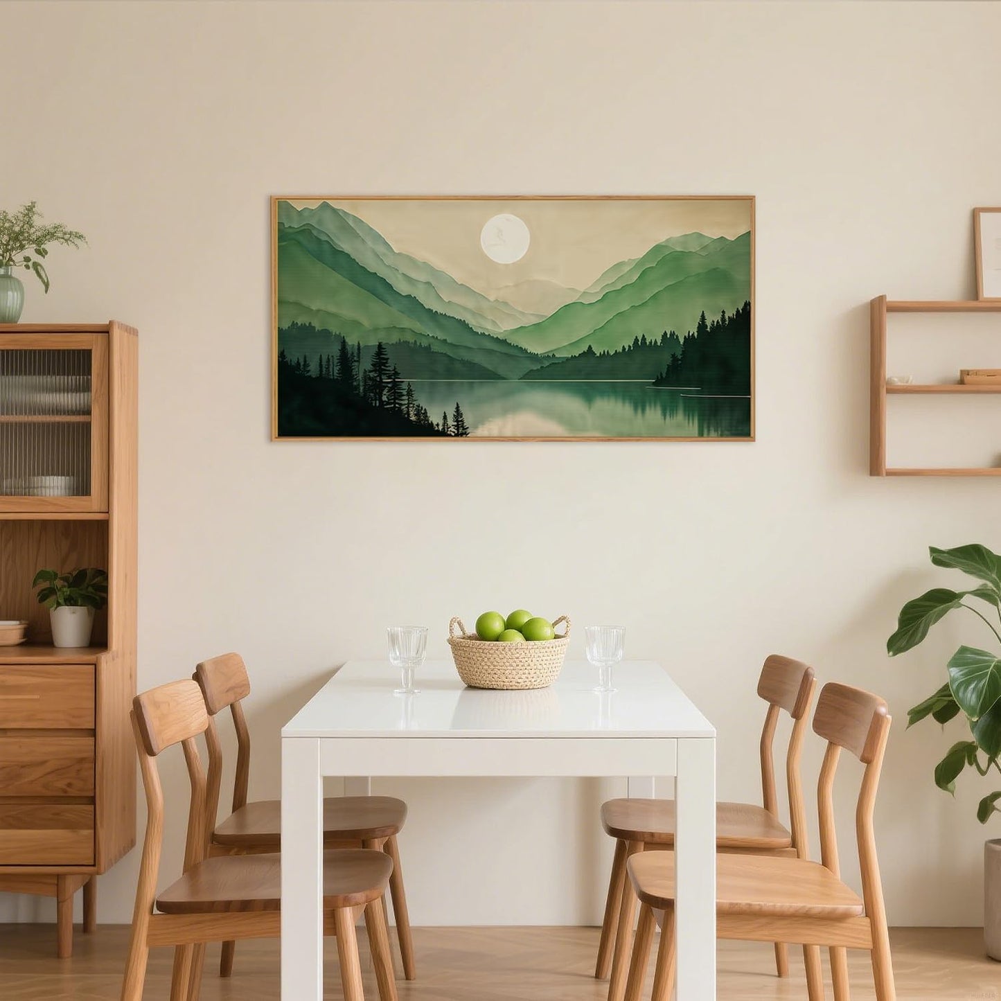 Celestdeco Watercolor Mountain Framed Canvas Wall Art Set, Boho Sun Forest Wall Decor, Green Scenery Wall Painting, Modern Woodland Artworks for Living Room, Bedroom, Dining Room, Office - 20" x40x1