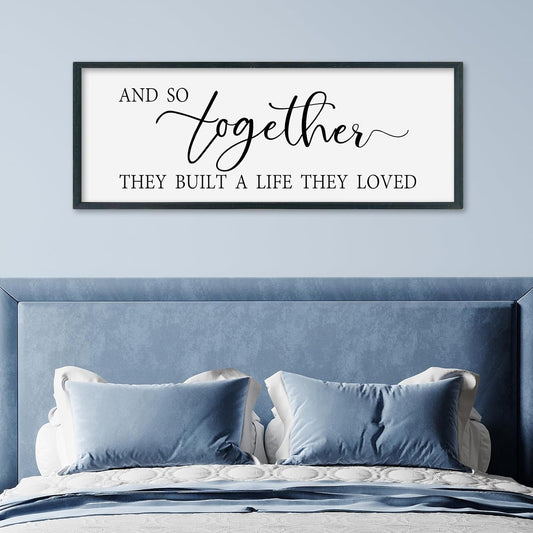 SRSZHIYUE And So Together They Built A Life They Loved Above Bed Sign Wall Decor Art 40"×15" for Master Bedroom Over Bed Large Wood Framed Wall Hanging (Black)