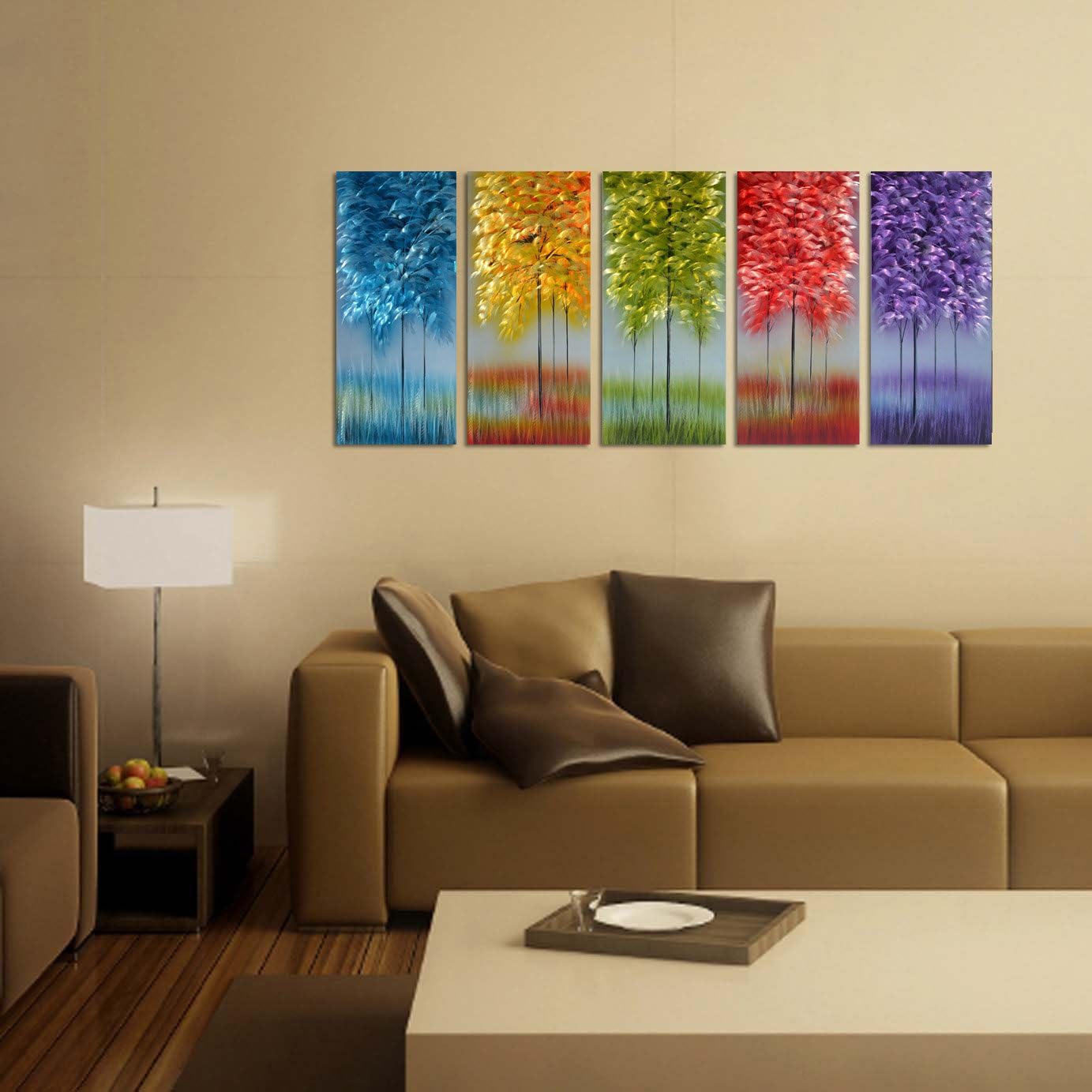 Handmade Metal Wall Art with Bog Life Multi-Colored Tree, 3D Abstract Design Artwork for Modern and Contemporary Decor, Indoor Outdoor Wall Decorations, 5-Panels Metal Art Measure 24"x 64"