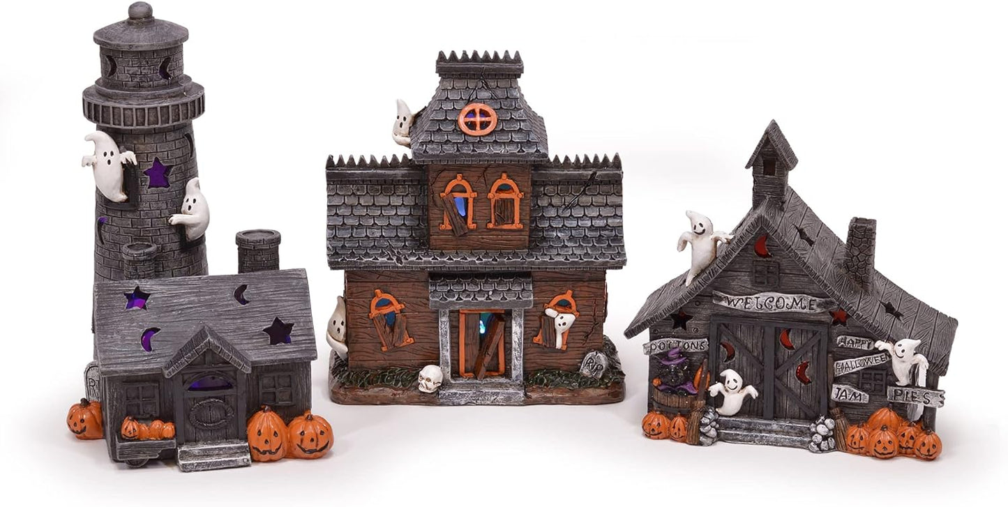 Mark Feldstein & Associates Spooky Halloween Color Changing Pre-Lit LED Haunted House Village Set, 8 Inch, Set of 3