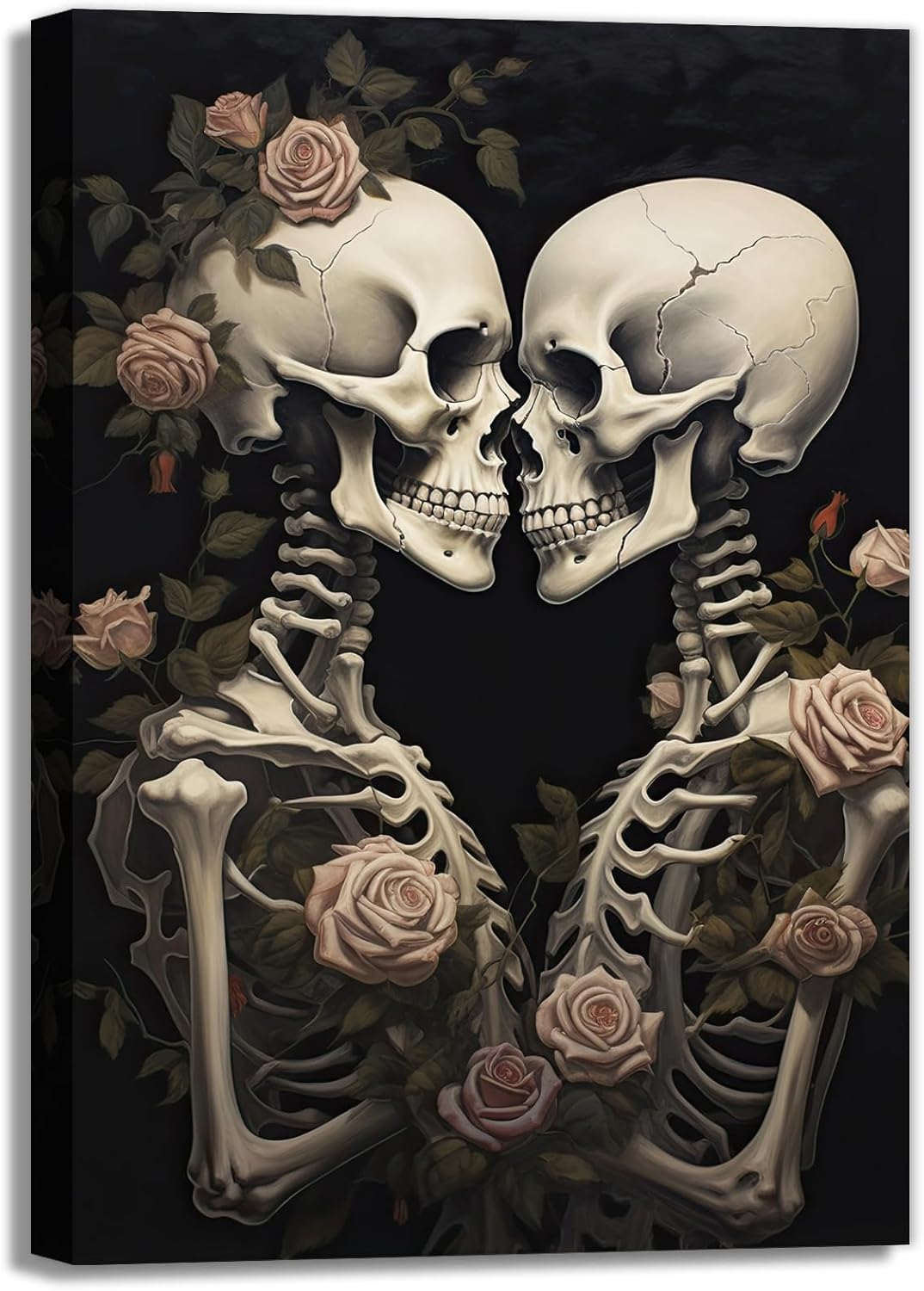 OAAPITI Vintage Skeleton Canvas Wall Art Gothic Painting Artwork Retro Rose Skull Art Poster Abstract Romantic Theme Picture Halloween Living Room Decor(Artwork-4,24"x36")
