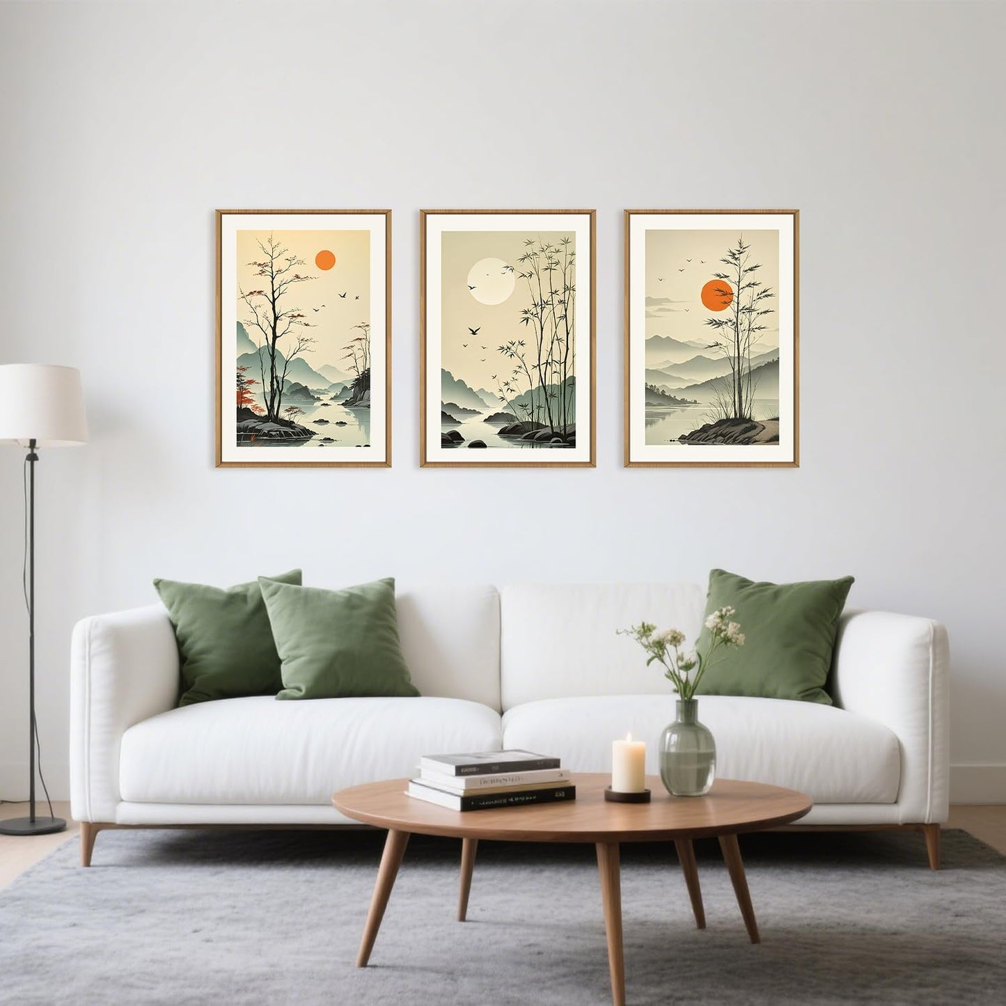 Chinoiserie Bamboo Forest Framed Canvas Wall Art Set, Nature Tree Lakes Wall Decor, Minimalist Zen Landscape Wall Painting, Watercolor Art Prints for Living Room, Bedroom, Office 16"X24"X3