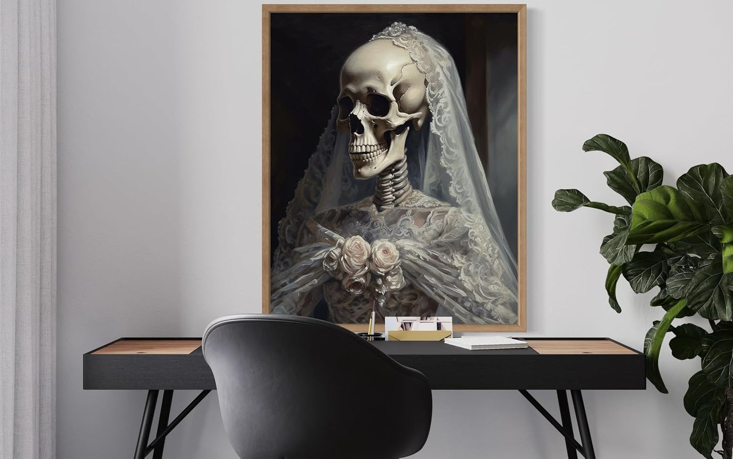 Skull Gown Poster Art Print, Halloween Scary Vintage Wall Art Academia Spooky Painting Decoration for Horror Prints, Gothic Posters Bedroom Decor 89 (Skull Gown, 11 x 14 inches, Wood Frame)