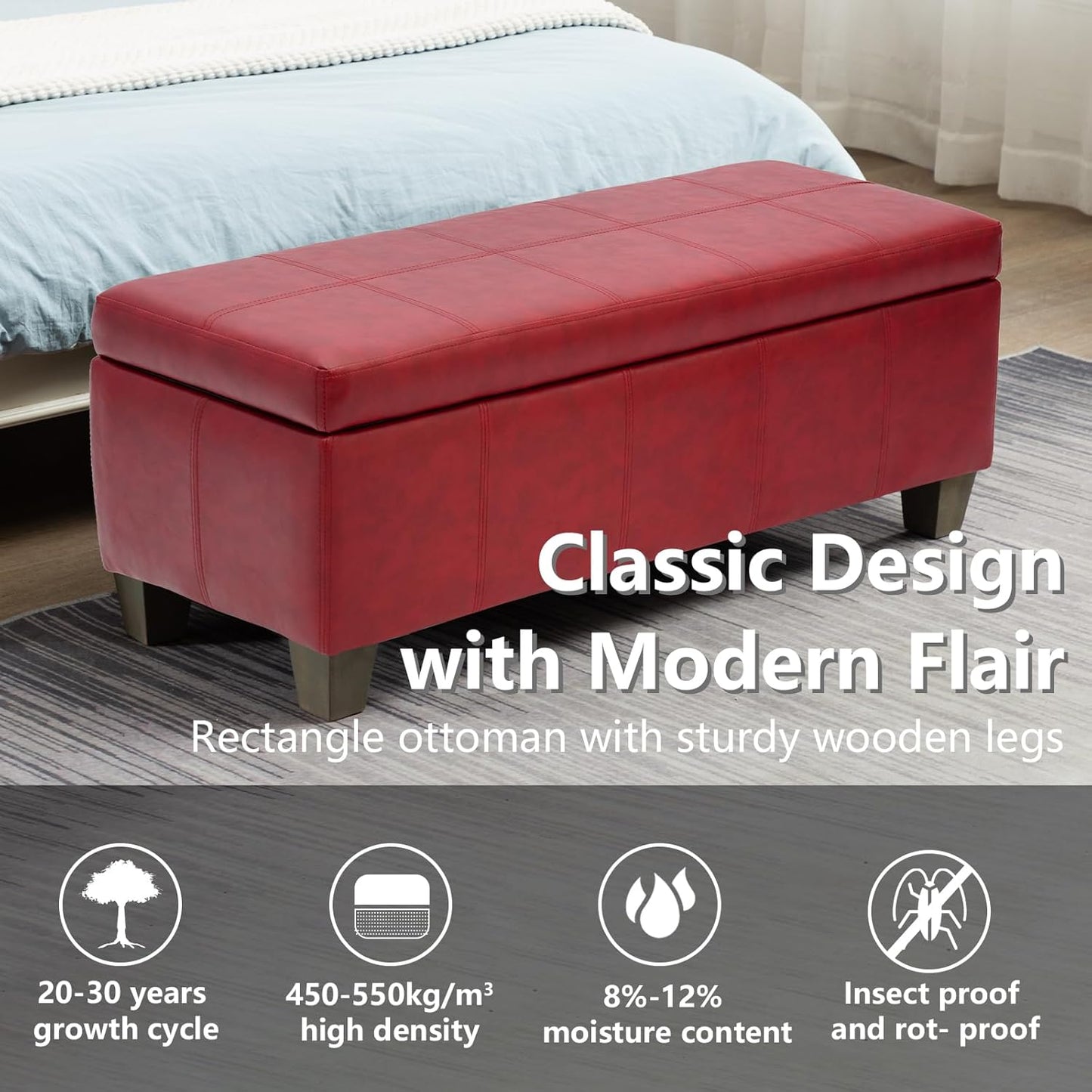 Faux Leather Ottoman with Storage, Rectangular Extra Long Storage Bench for Bedroom and Living Room, Midnight Red