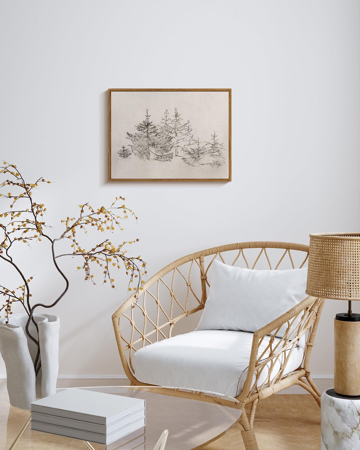 VIYYIEA Framed Canvas Wall Art Home Decor Pine Tree Prints Wall Pictures Black and White Watercolor Winter Room Decor Tree Life Vintage Botanical Home Decor 12x16in