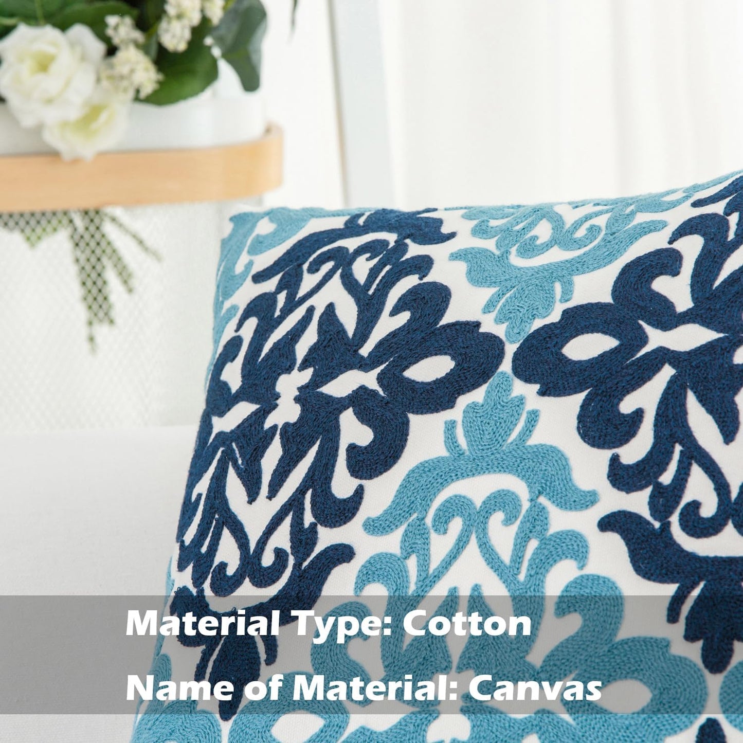 HWY 50 Blue Decorative Throw Pillow Covers 18x18 Inch (1 Piece), Embroidered Cotton Farmhouse Cushion Cover Pillow Case for Sofa Couch Living Room Bed Bedroon, Floral Geometric