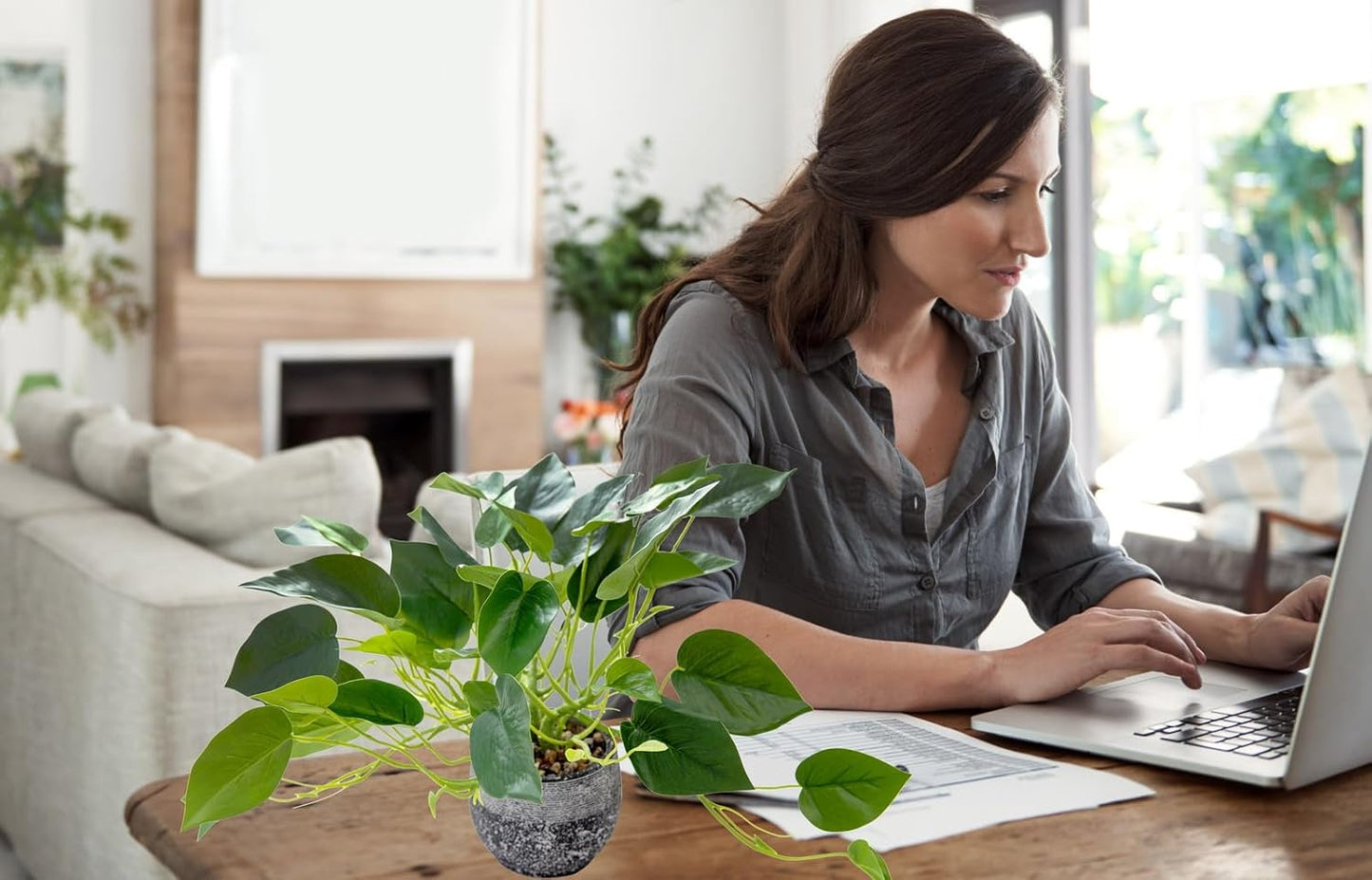 AlphaAcc Artificial Plants Potted Real Looking Small Faux Plant with Rustic Black Cement Planter for Kitchen Office Desk Bookshelf Decor (Ivy Plant)