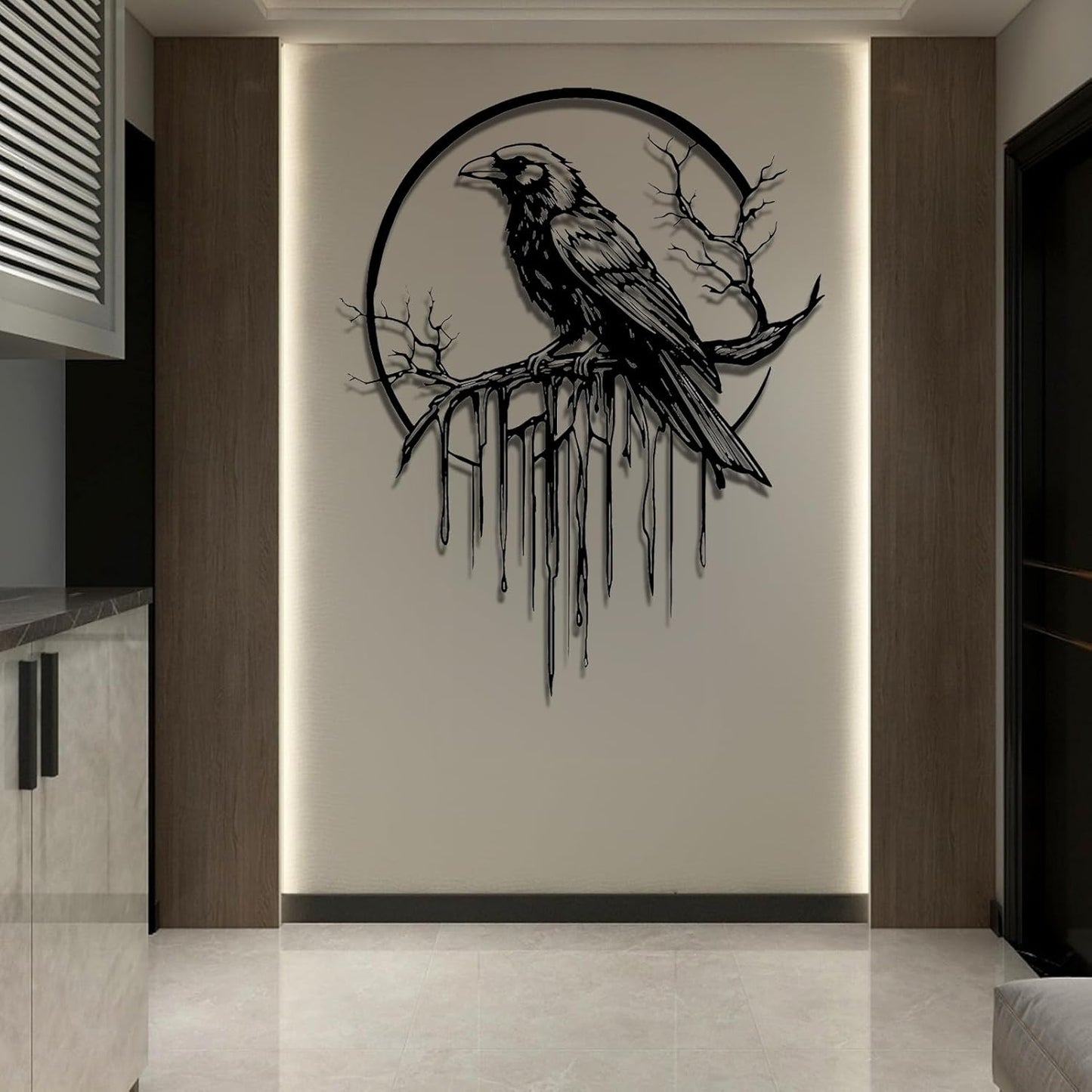 Crow Metal Wall Decor, Raven Wall Art, Large Gothic Raven Decor Hangings, Bird Wall Decor, Metal Tree Branch Decor, Ravens Sign, Raven Art for Living Room (Silver, 19"x15" | 47x38cm, metal wall art)