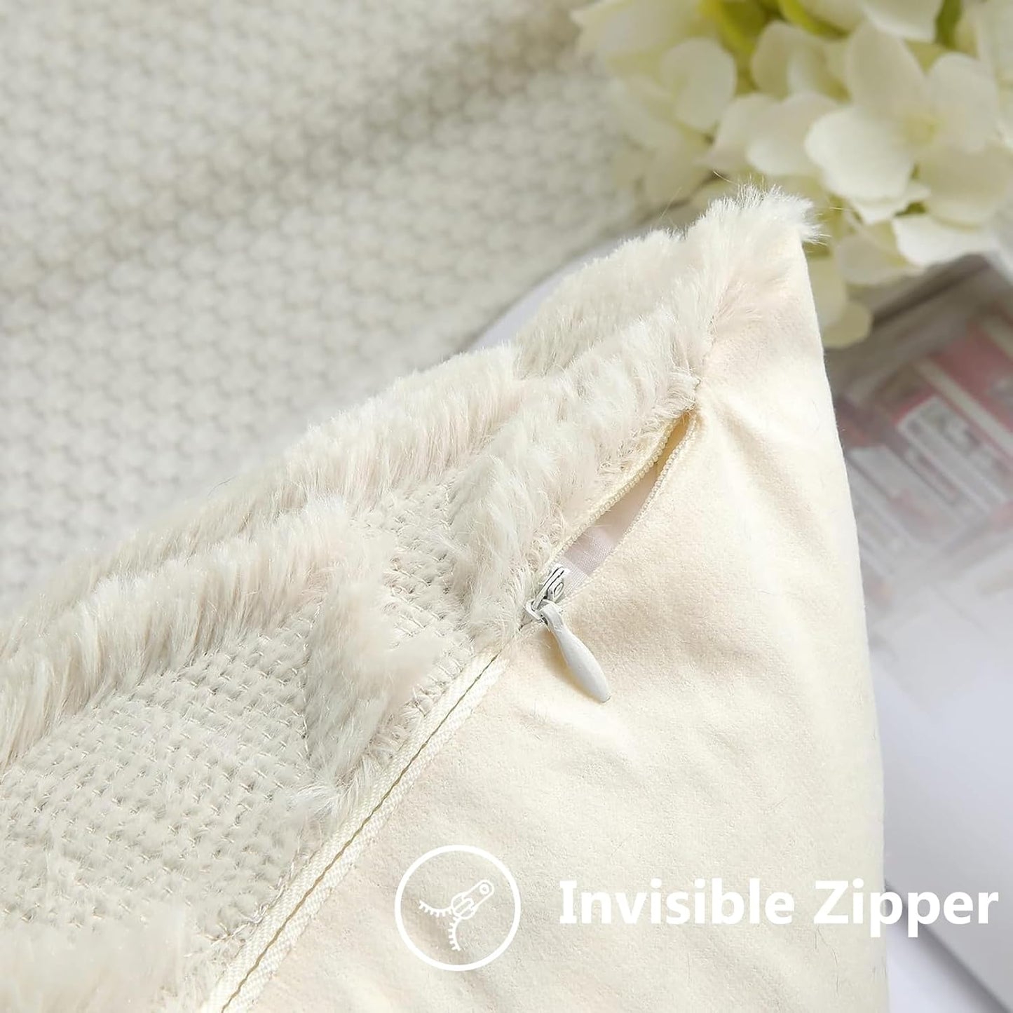 decorUhome Fall Throw Pillow Covers 18x18 Inch Set of 2, Soft Plush Decorative Faux Fur Beige Solid Couch Pillow Covers, Accent Farmhouse Neutral Square Euro Pillow Cases for Sofa Bed Living Room