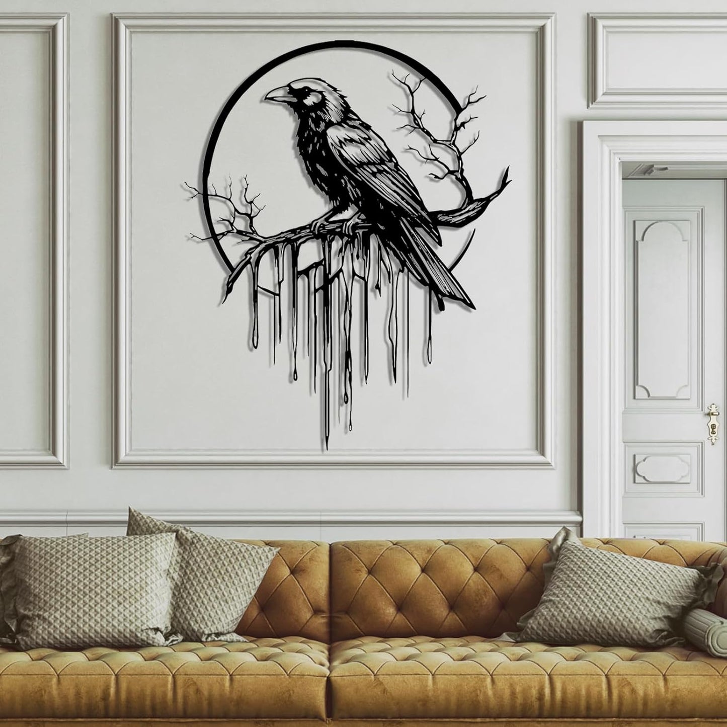 Crow Metal Wall Decor, Raven Wall Art, Large Gothic Raven Decor Hangings, Bird Wall Decor, Metal Tree Branch Decor, Ravens Sign, Raven Art for Living Room (Black, 24"x19" | 60x48cm, metal wall art)