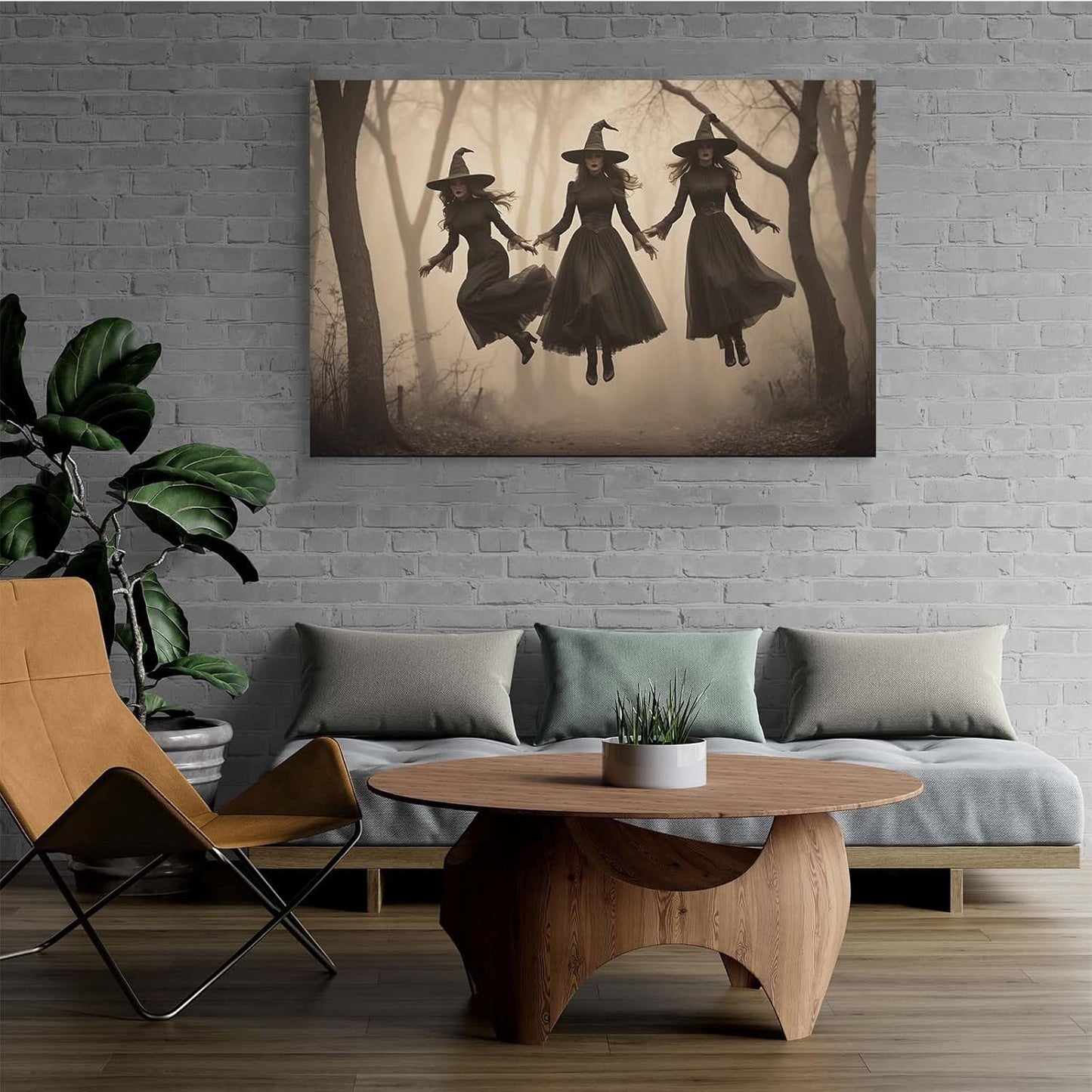 JFHCQJPK Three ghost witches flying in vintage forest gothic wall art witchcraft decoration holiday gift canvas wall art print20x30in Frameless