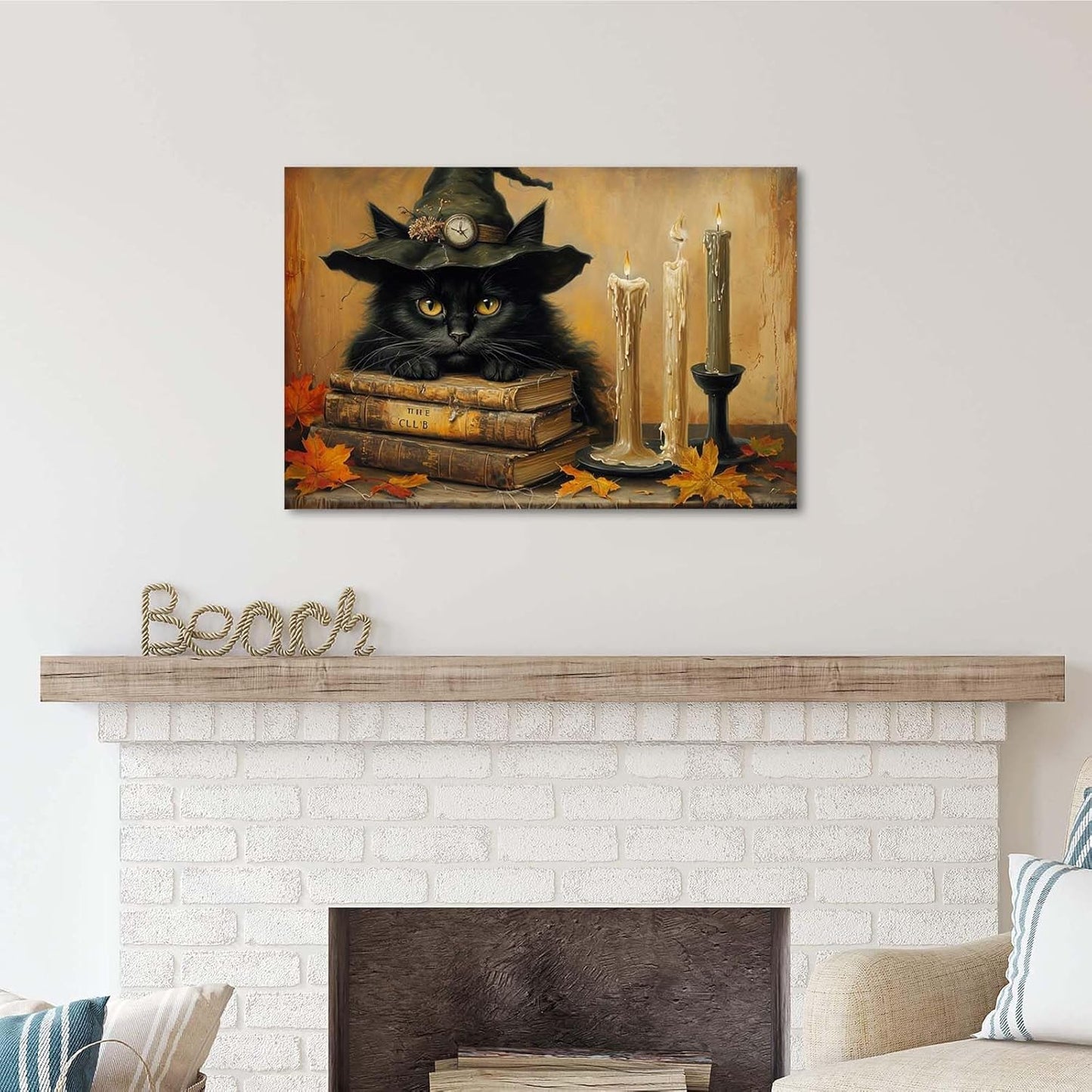 JFHCQJPK Vintage Halloween wall decoration black cat and magic book suitable for home bedroom living room decoration dark classic art witch wall decoration32x48in Frameless