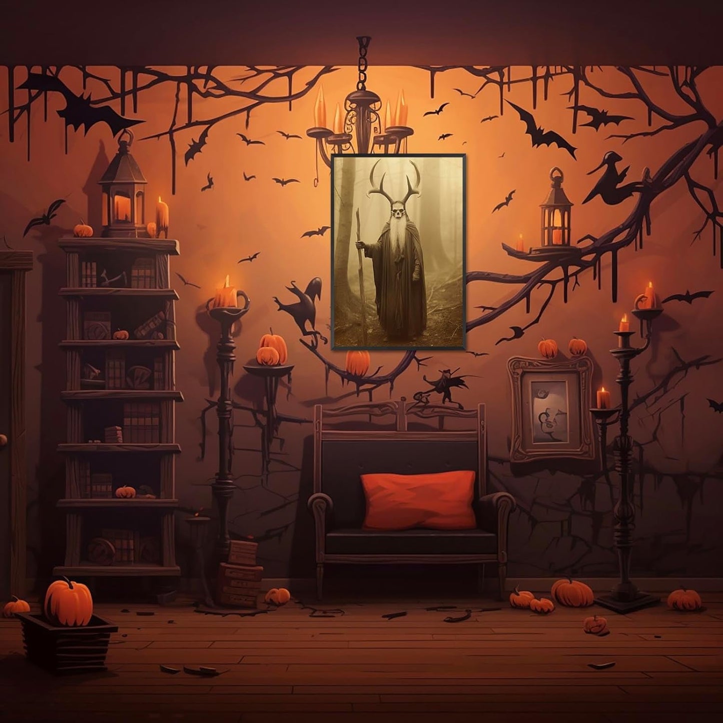 Skeleton Halloween Decor Occult Druid of the Forest Poster Canvas Wall Art Vintage Spooky Print Gothic Room Decor Dark Academia Decorations Bedroom Creepy Skull Picture 12X16inch Aluminum Framed