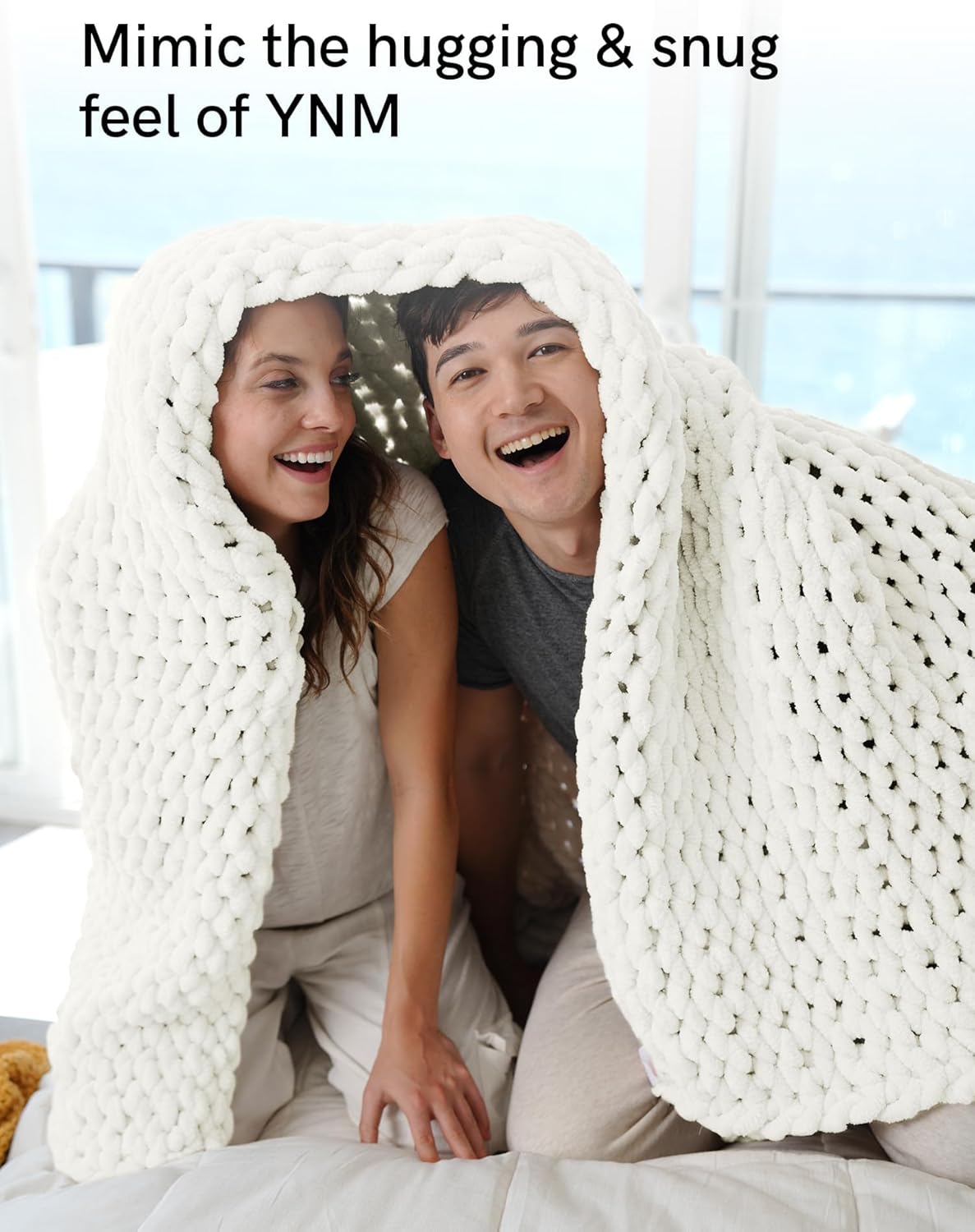 YnM Chunky Throw Blanket, Medium-Weight, Hand Knitted with Chenielle Yarn, Skin Friendly, Ventilated and Breathable, Machine Washable, Home Décor Piece for Couch, Sofa and Bed (White, 60x80 Inch)