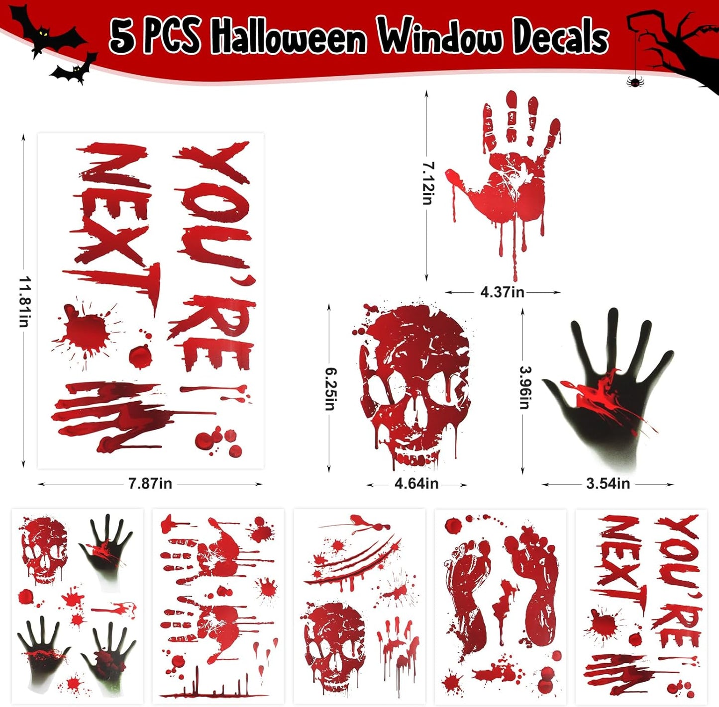 Halloween Decorations, 5 Sheets Wall Decals-Bloody Handprint Stickers, 2 Pack Halloween Banners and 2 PCS Caution Tape Rolls 3inx30ft for Indoor, Outdoor, Party Decor, Haunted Mansion