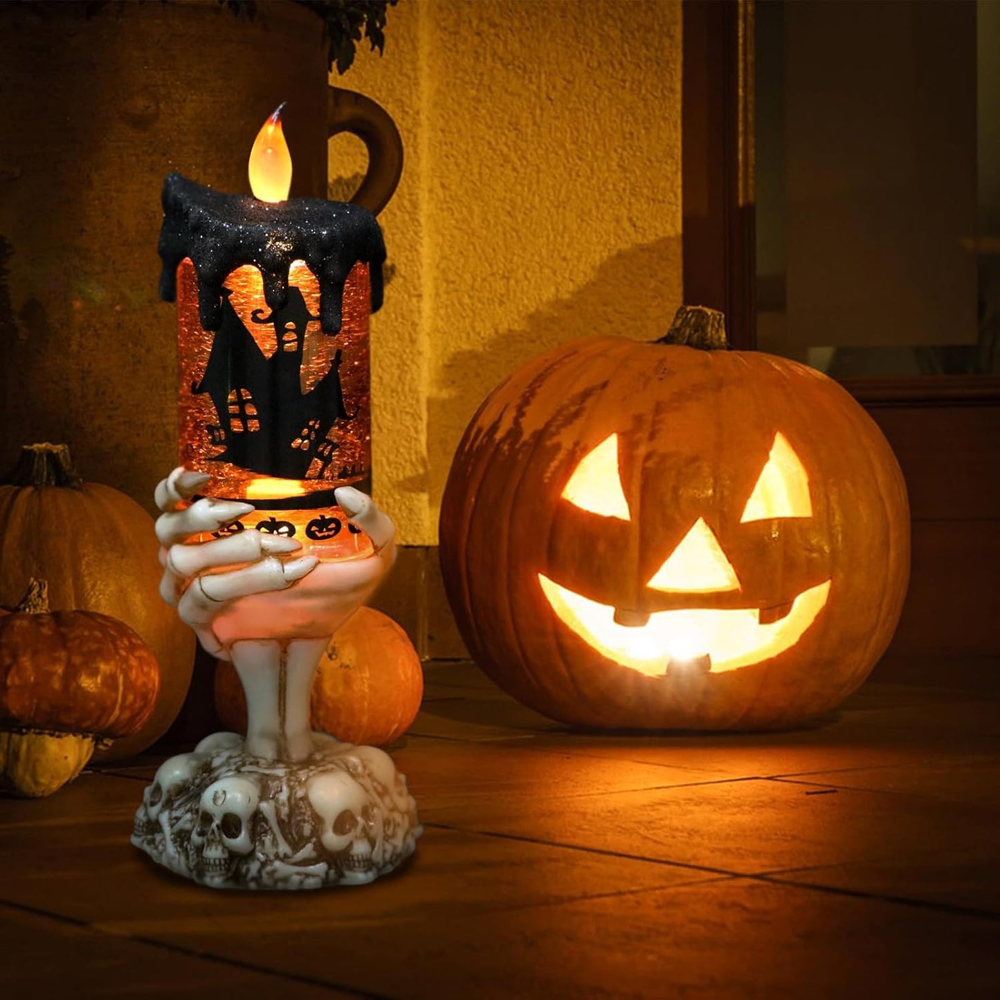 Eldnacele Halloween Snow Globe Candles Lighted Lamp USB Powered Battery Operated Spooky Spinning Water Glittering Tornado Flameless Candles Skeleton Hand Holder Halloween Centerpiece Decor(Castle)