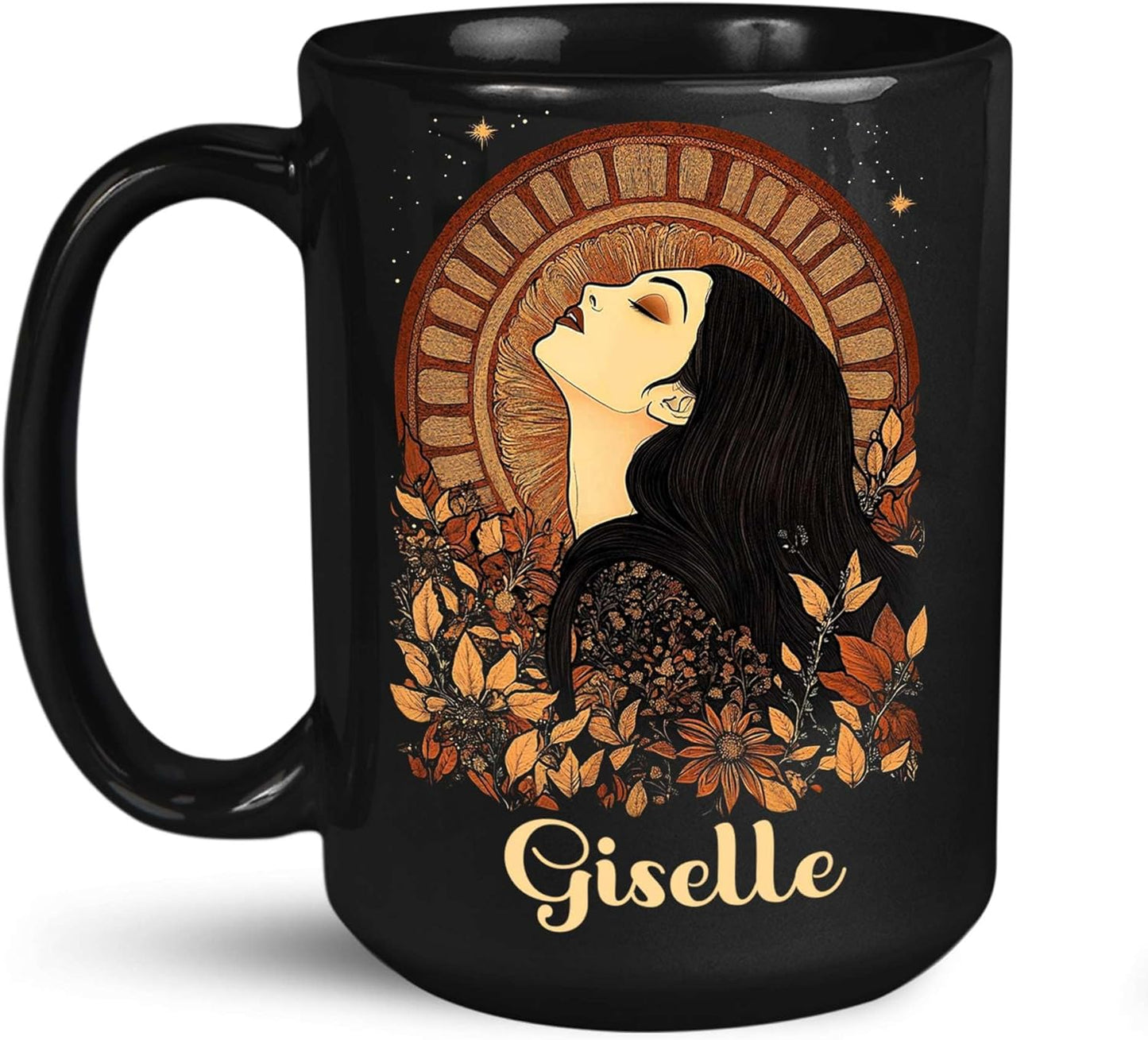 Elegant Woman Coffee Mug with Custom Name, Autumn Themed Ceramic Cup 11oz 15oz, Unique Fall Inspired Black Mug for Women, Personalized Women's Day Coffee Cup, Gifts for Holiday