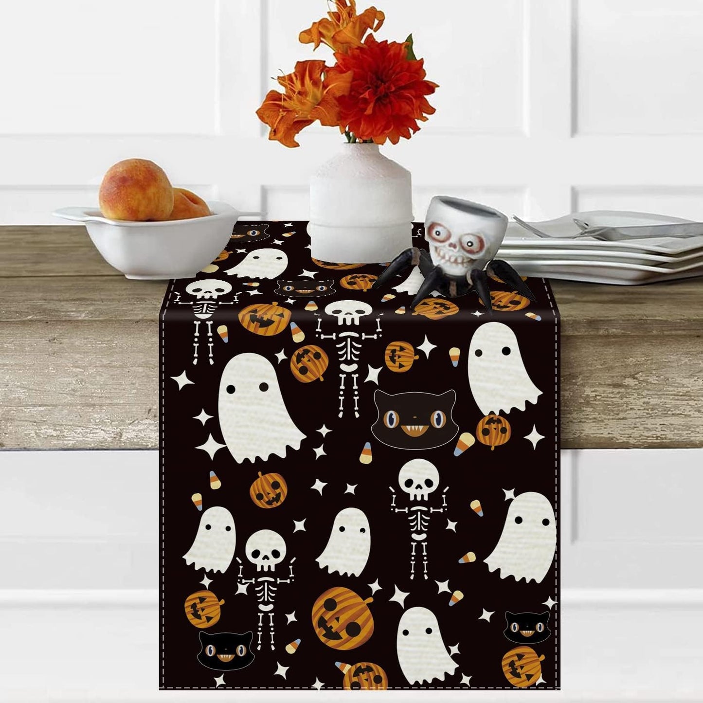 GAGEC Halloween Table Runner Black Cat Pumpkins Seasonal Kitchen Dining Table Home Outdoor Party Decorations (13'' x 36'')