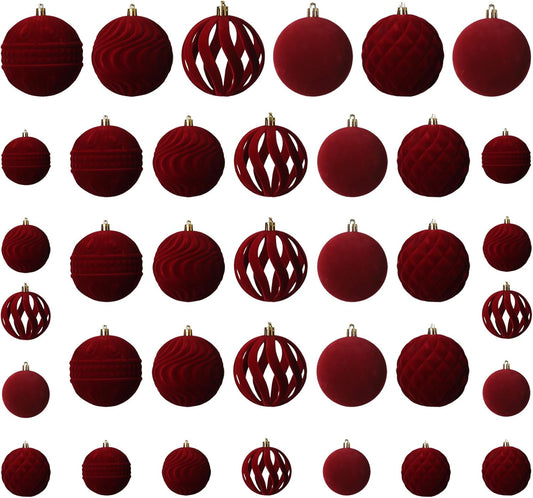 Senjie 36 PCS Velvet Ornaments Balls Sets for Christmas Tree Red Flocked Christmas Balls Assortment for Xmas Tree Holiday Decor