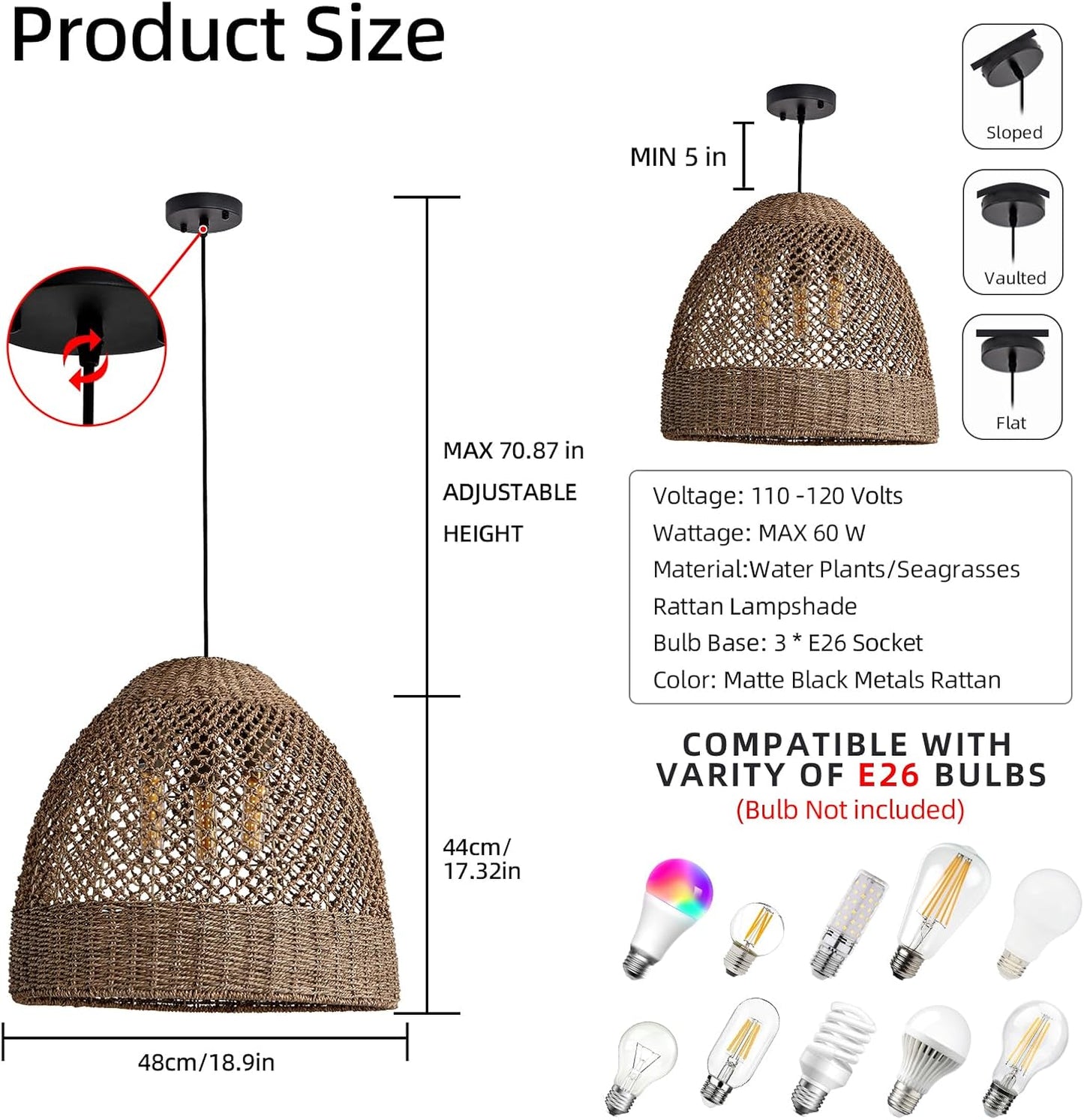 19" Rattan Pendant Light,Hand-Woven Rustic Wicker Hanging Light 3-Light Seagrass Ceiling Chandelier Oval Water Plants Rattan Chandelier for Dining Living Bedroom Kitchen Farmhouse